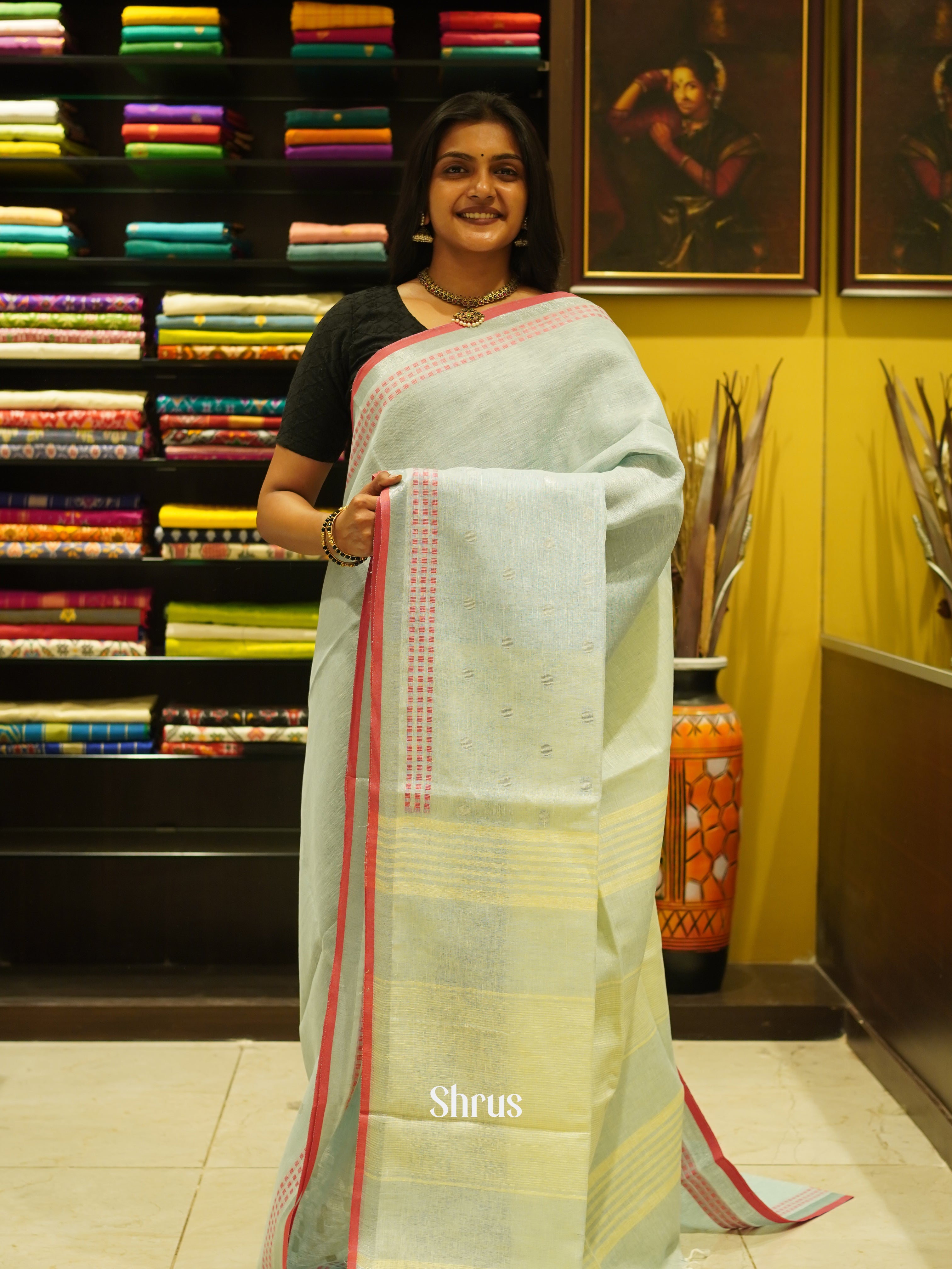 Green - Linen Saree - Shop on ShrusEternity.com