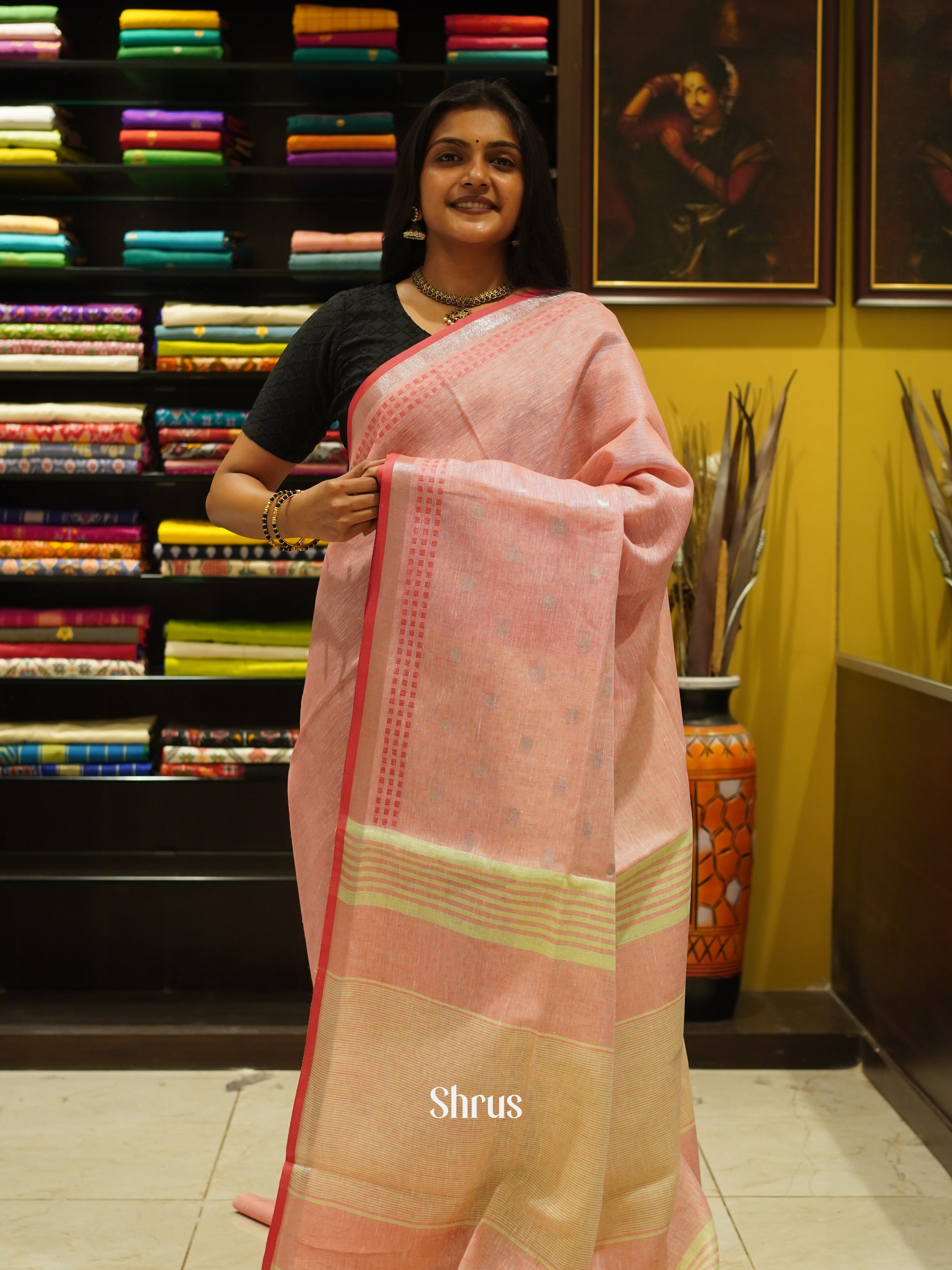 Pink & Cream - Linen Saree - Shop on ShrusEternity.com