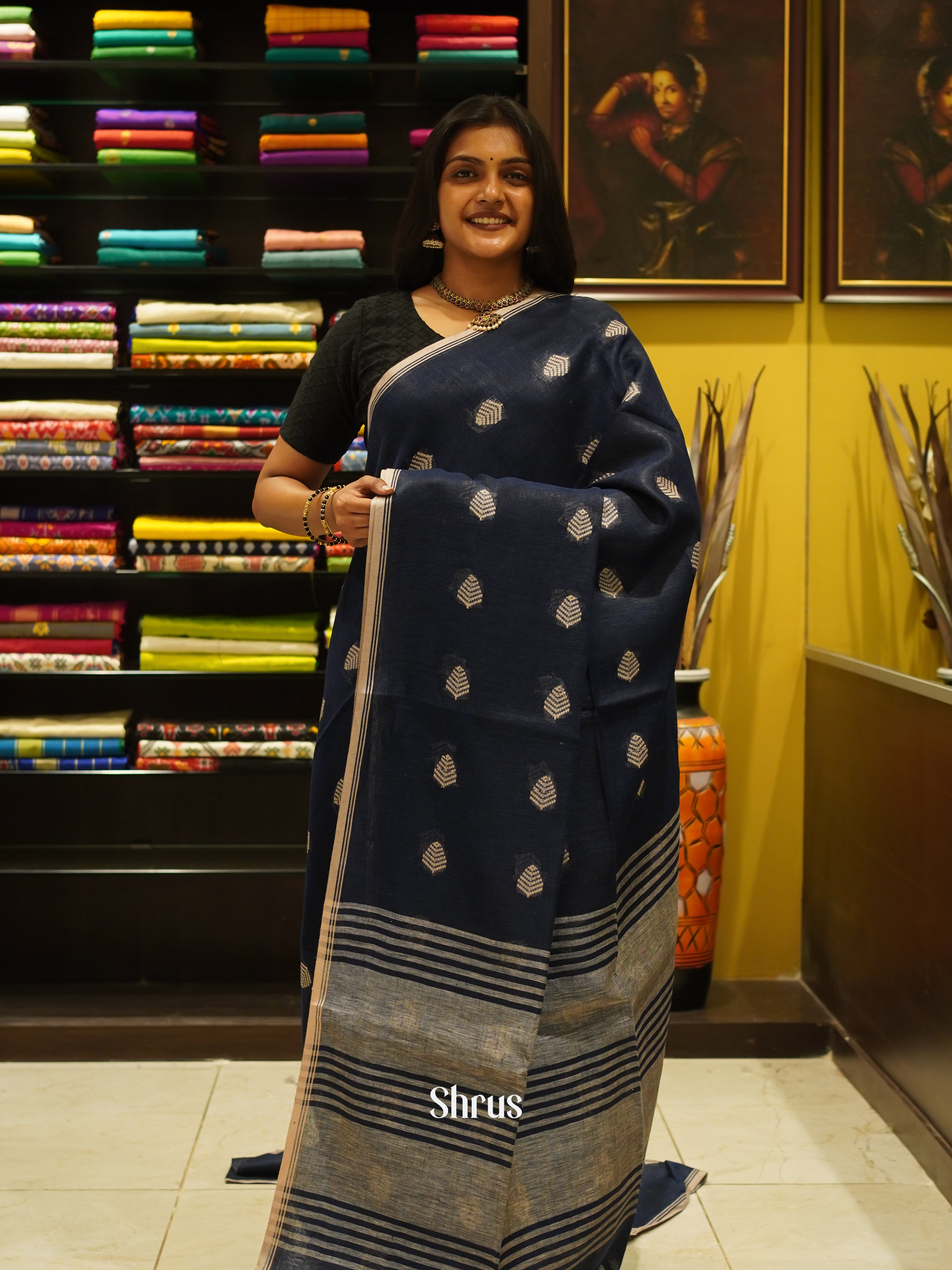 Blue(Single Tone)- Linen Saree - Shop on ShrusEternity.com