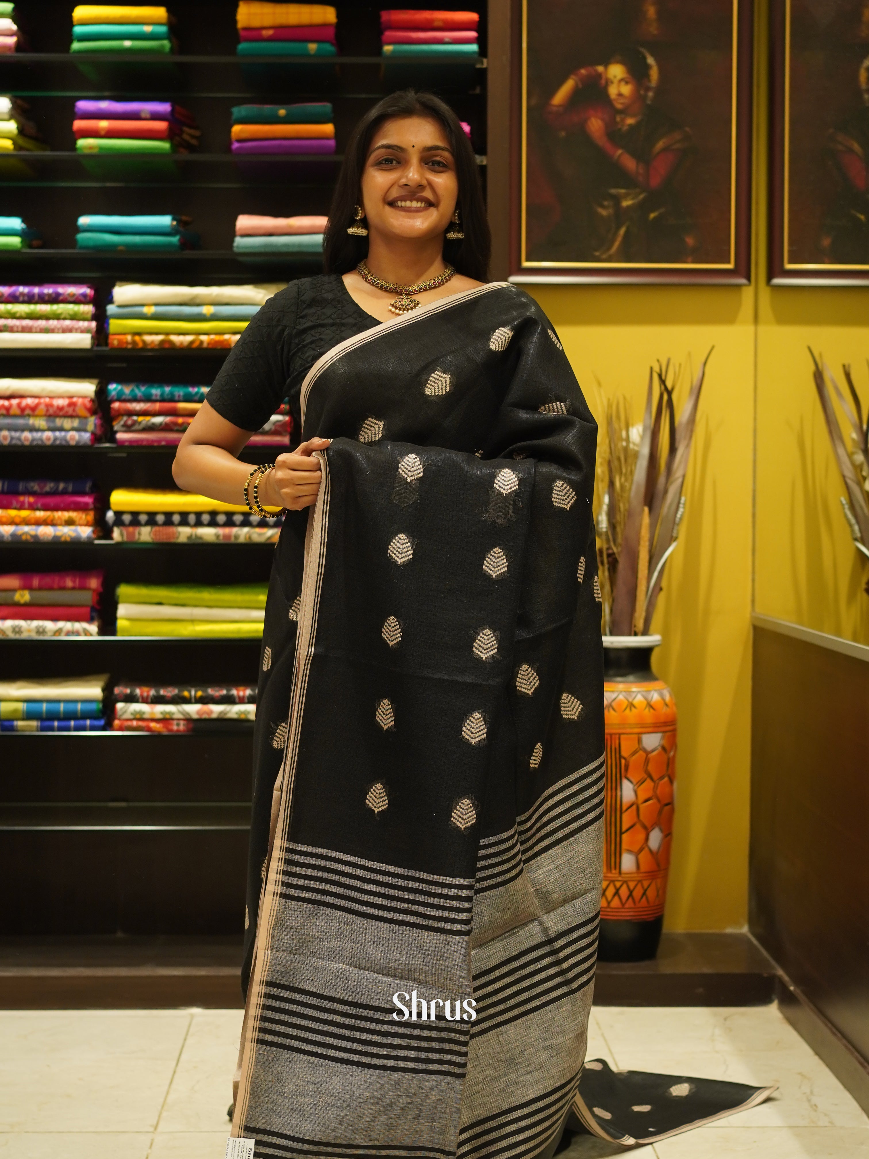 Black(Single Tone)- Linen Saree - Shop on ShrusEternity.com