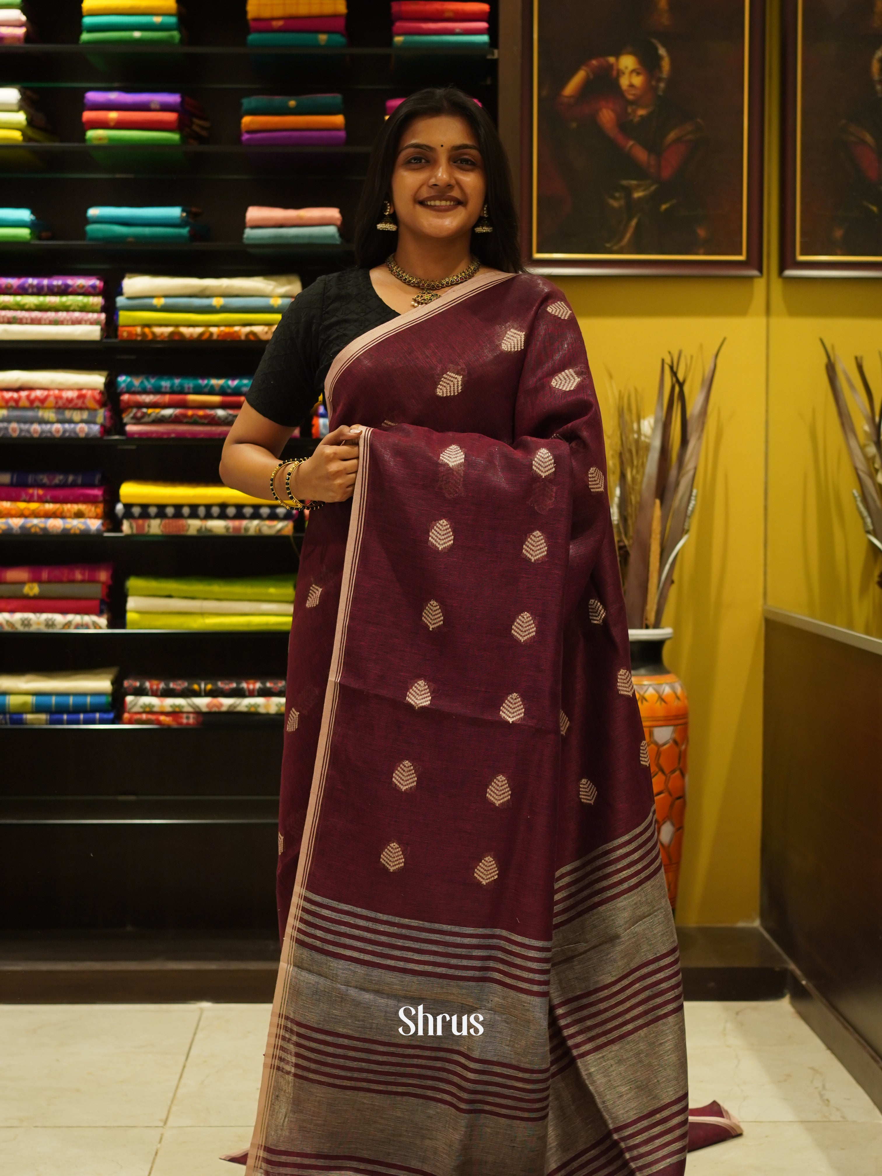 Maroon(Single Tone) - Linen Saree - Shop on ShrusEternity.com