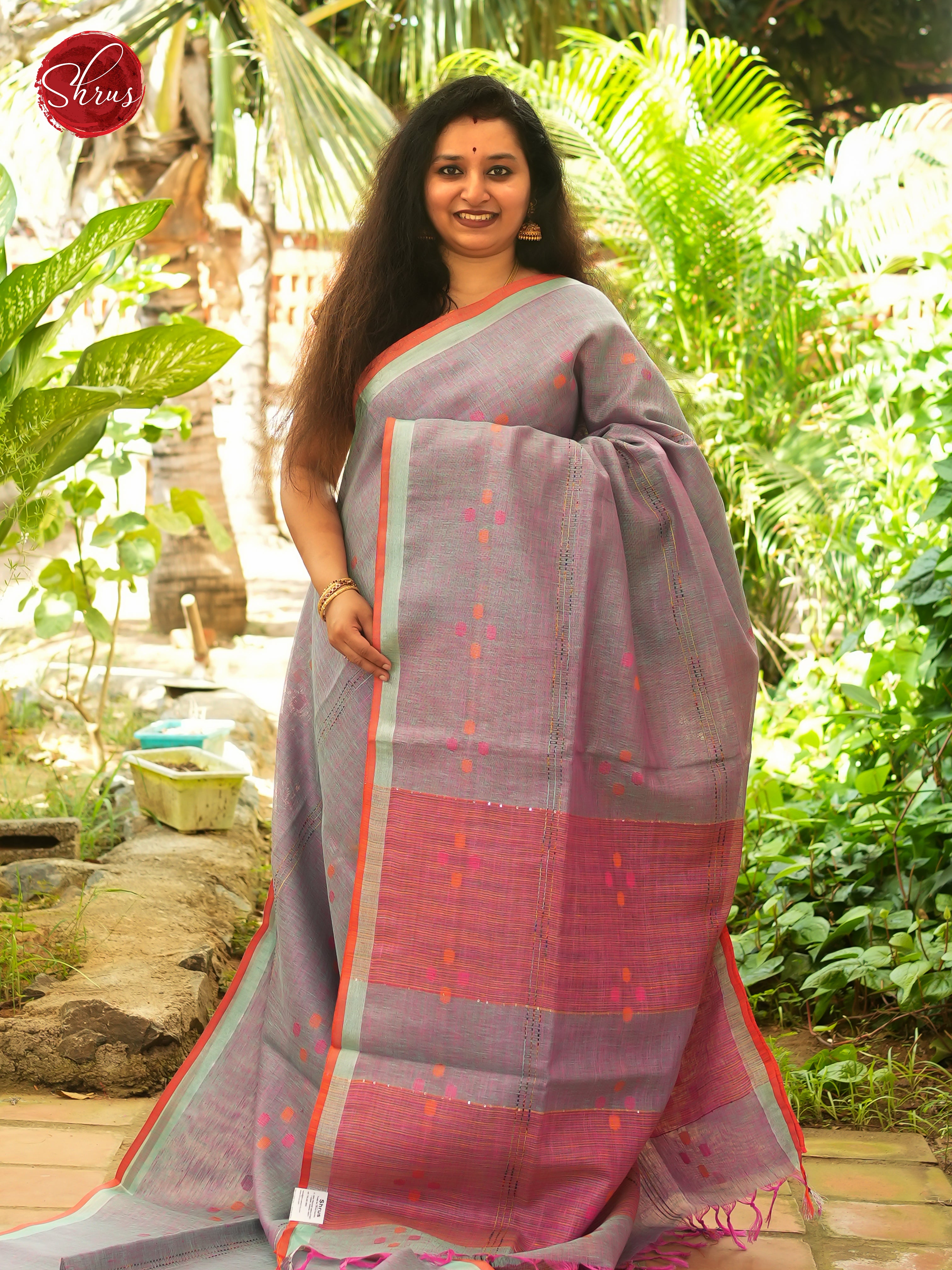 Double Shaded Greenish Lavender & Pink - Linen Saree - Shop on ShrusEternity.com