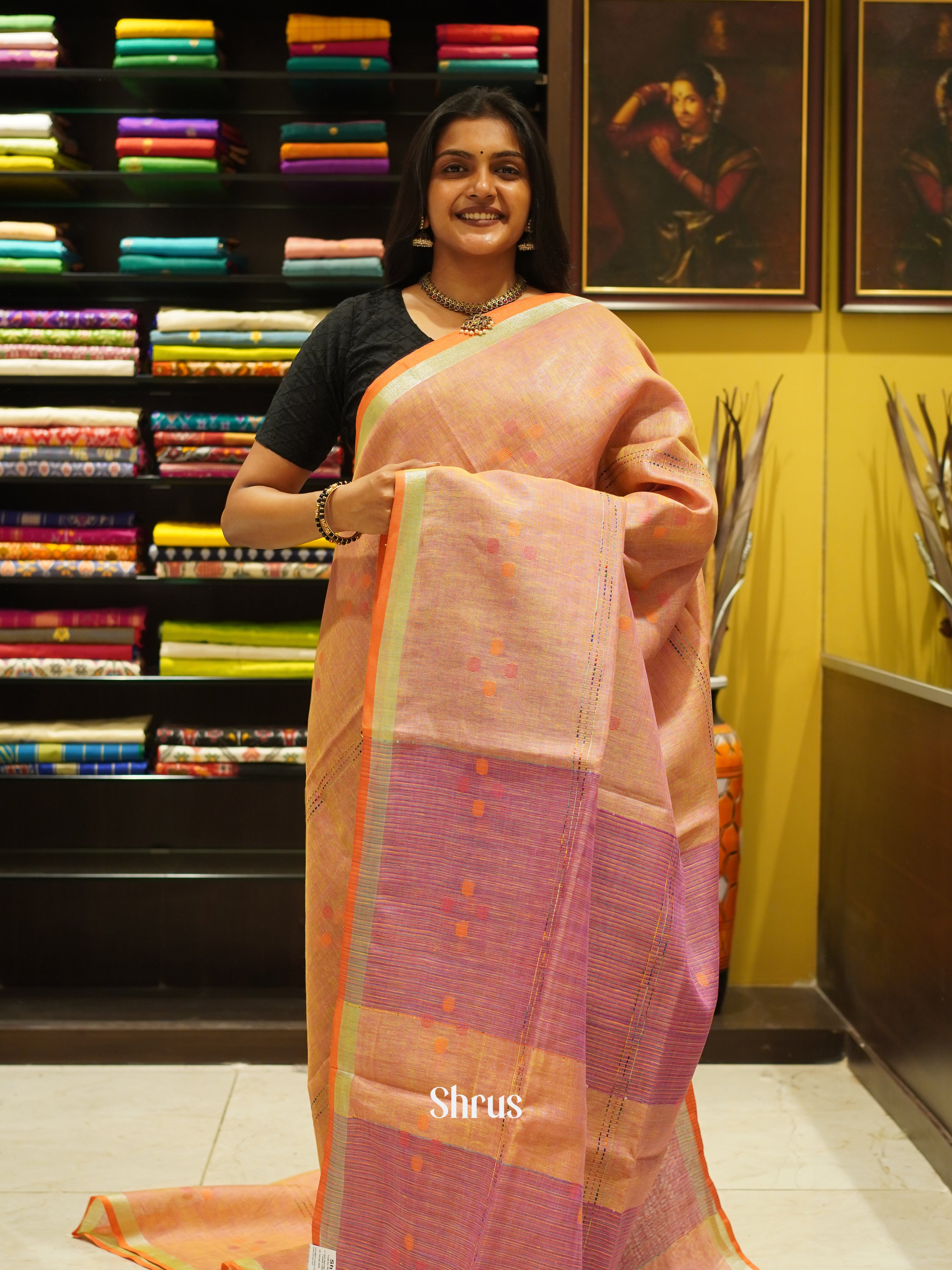 Peach & Pink - Linen Saree - Shop on ShrusEternity.com