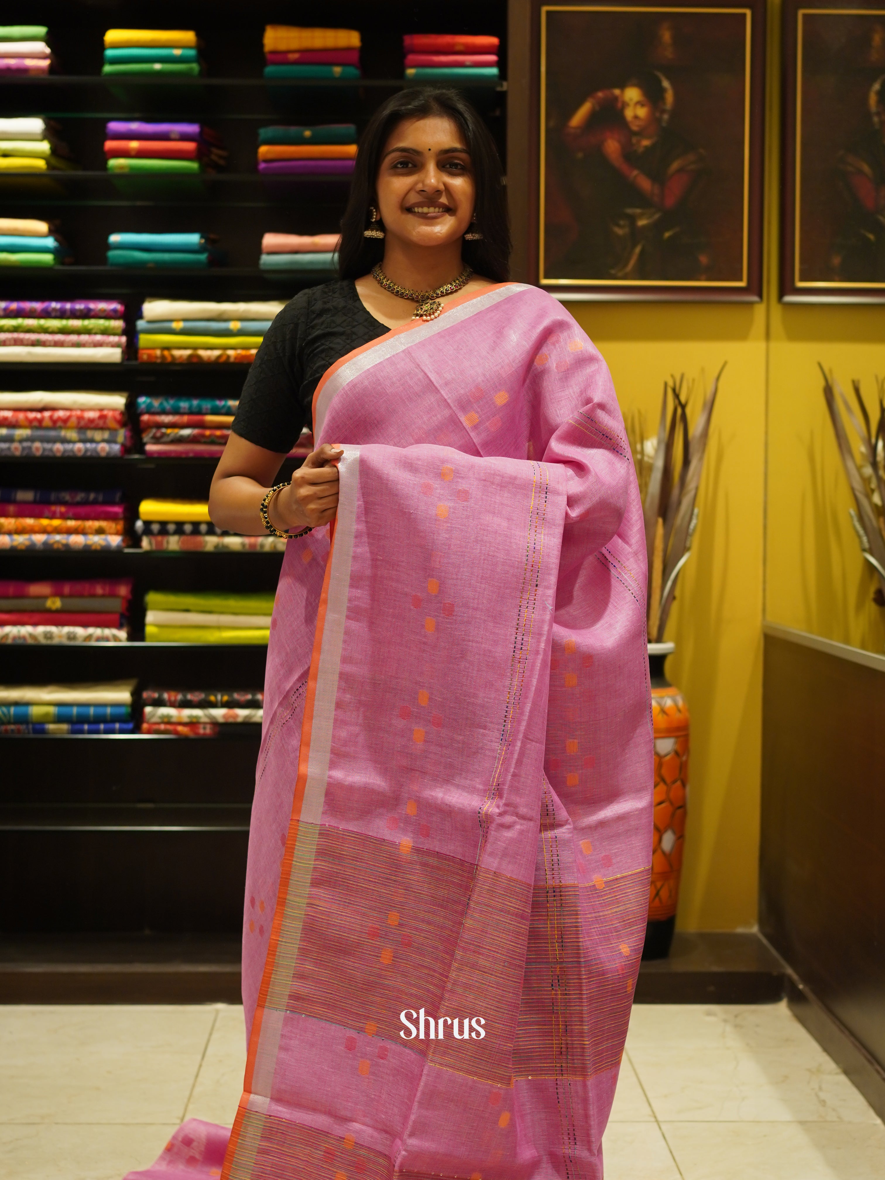 Pink & Orange - Linen Saree - Shop on ShrusEternity.com