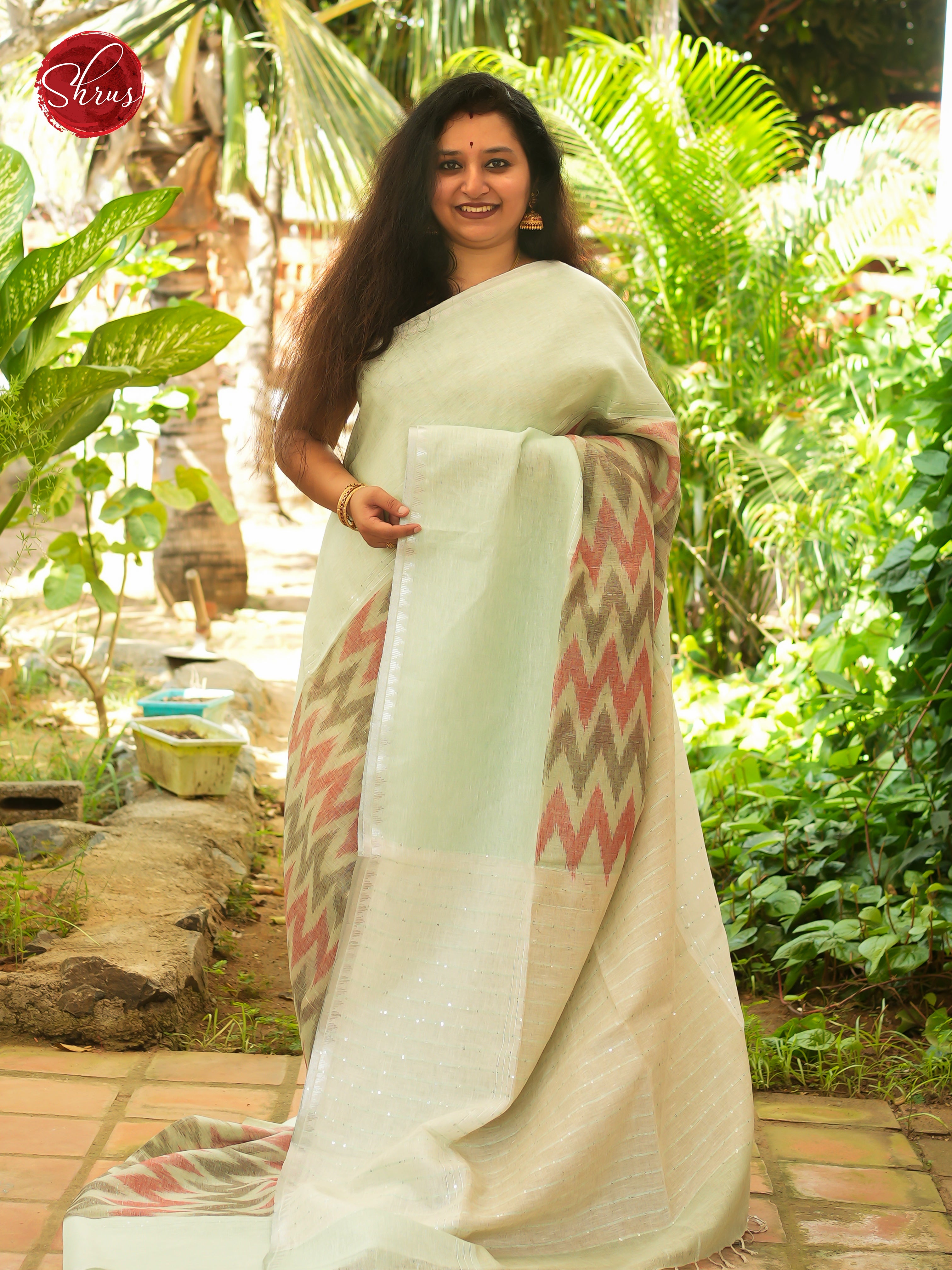 Green & Cream - Linen Saree - Shop on ShrusEternity.com