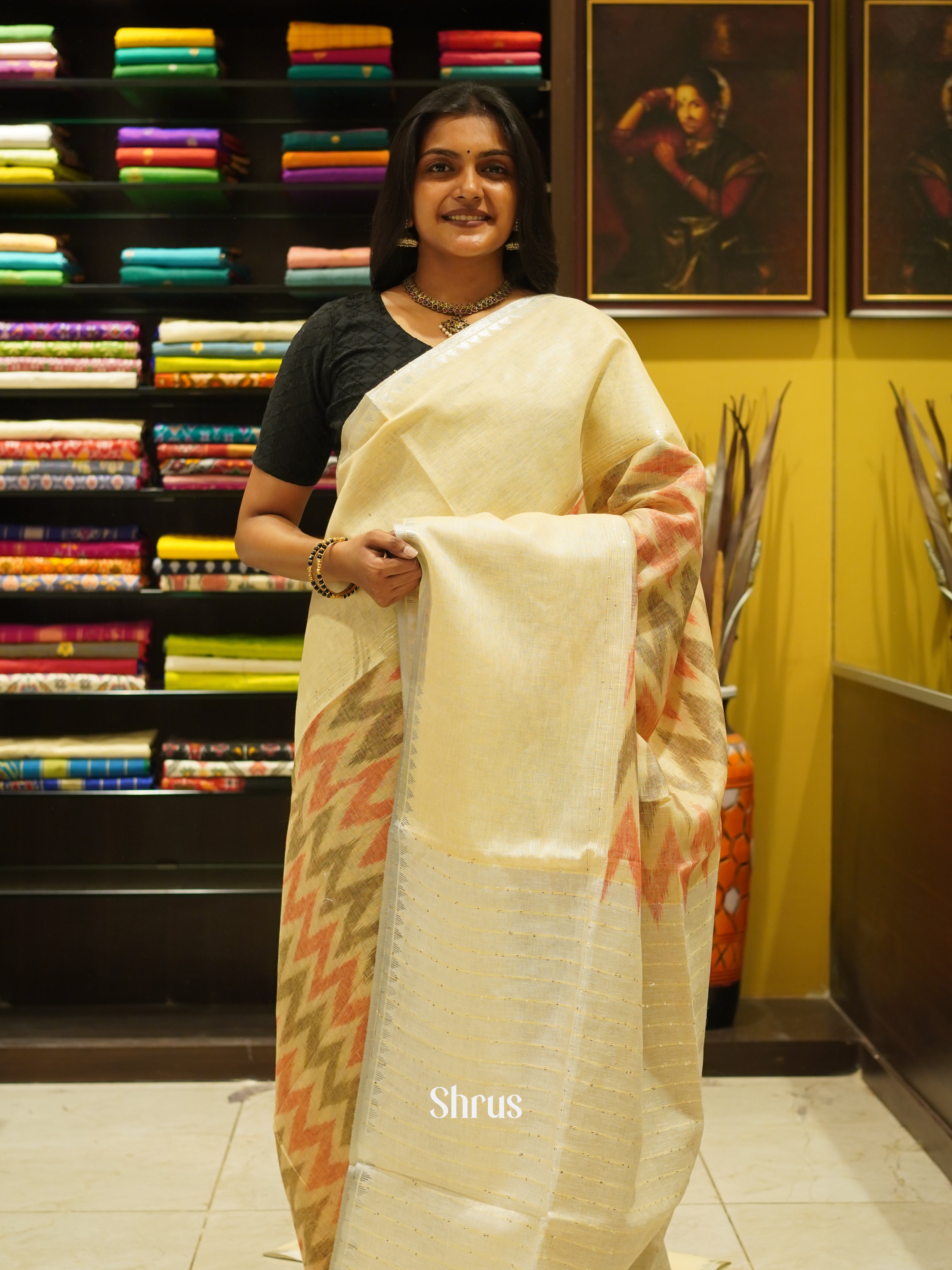 Mild Yellow & Cream - Linen Saree - Shop on ShrusEternity.com