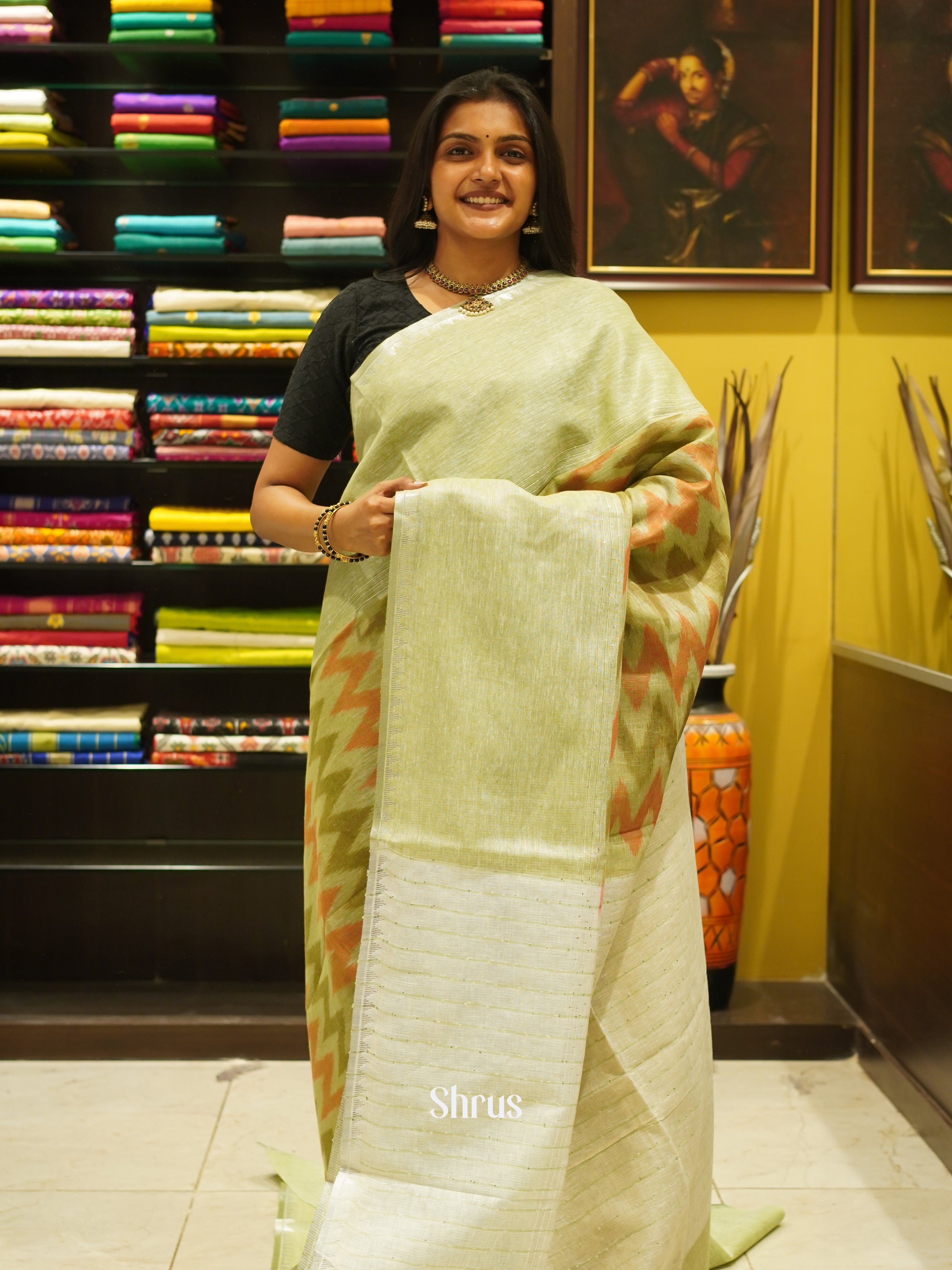 Green & Cream- Linen Saree - Shop on ShrusEternity.com