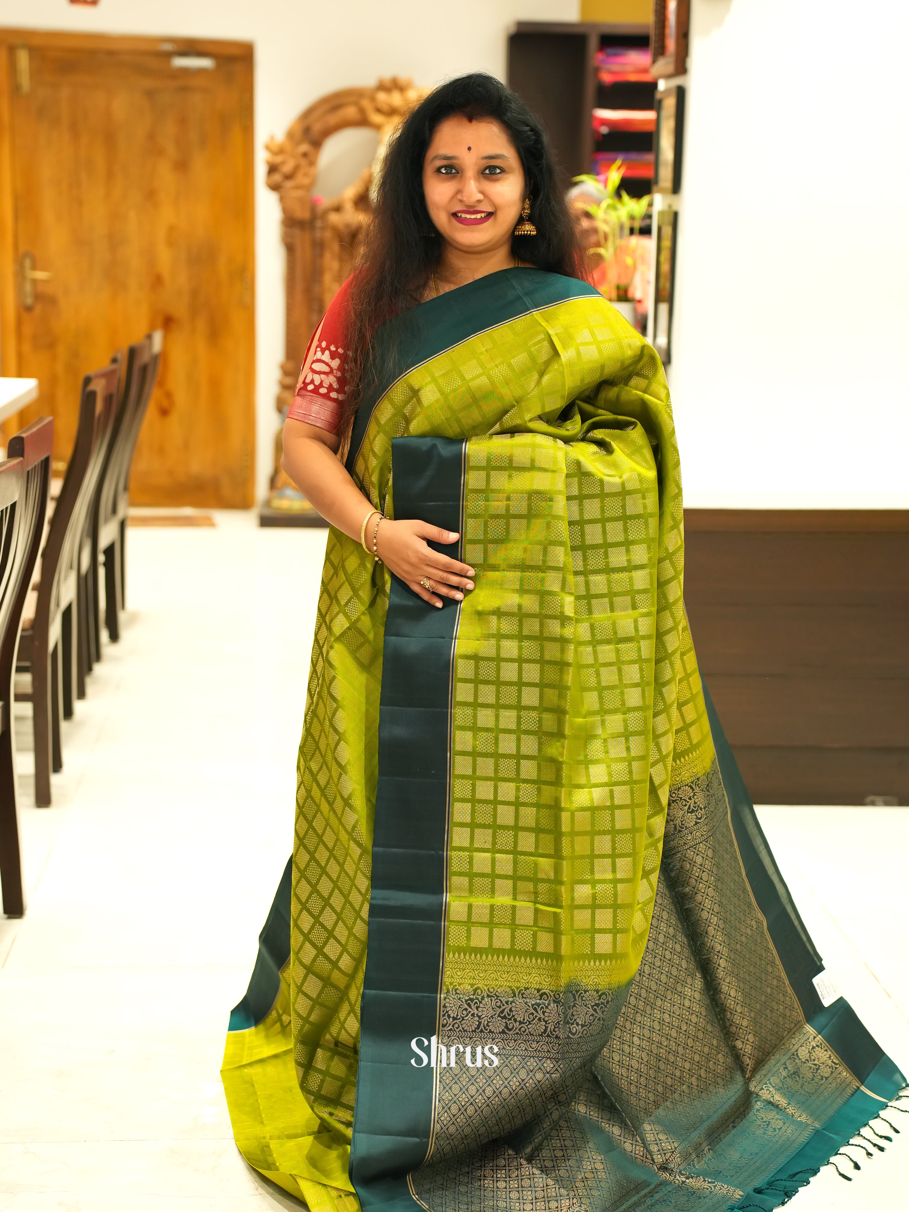 Light Green & Green - Soft Silk Saree - Shop on ShrusEternity.com