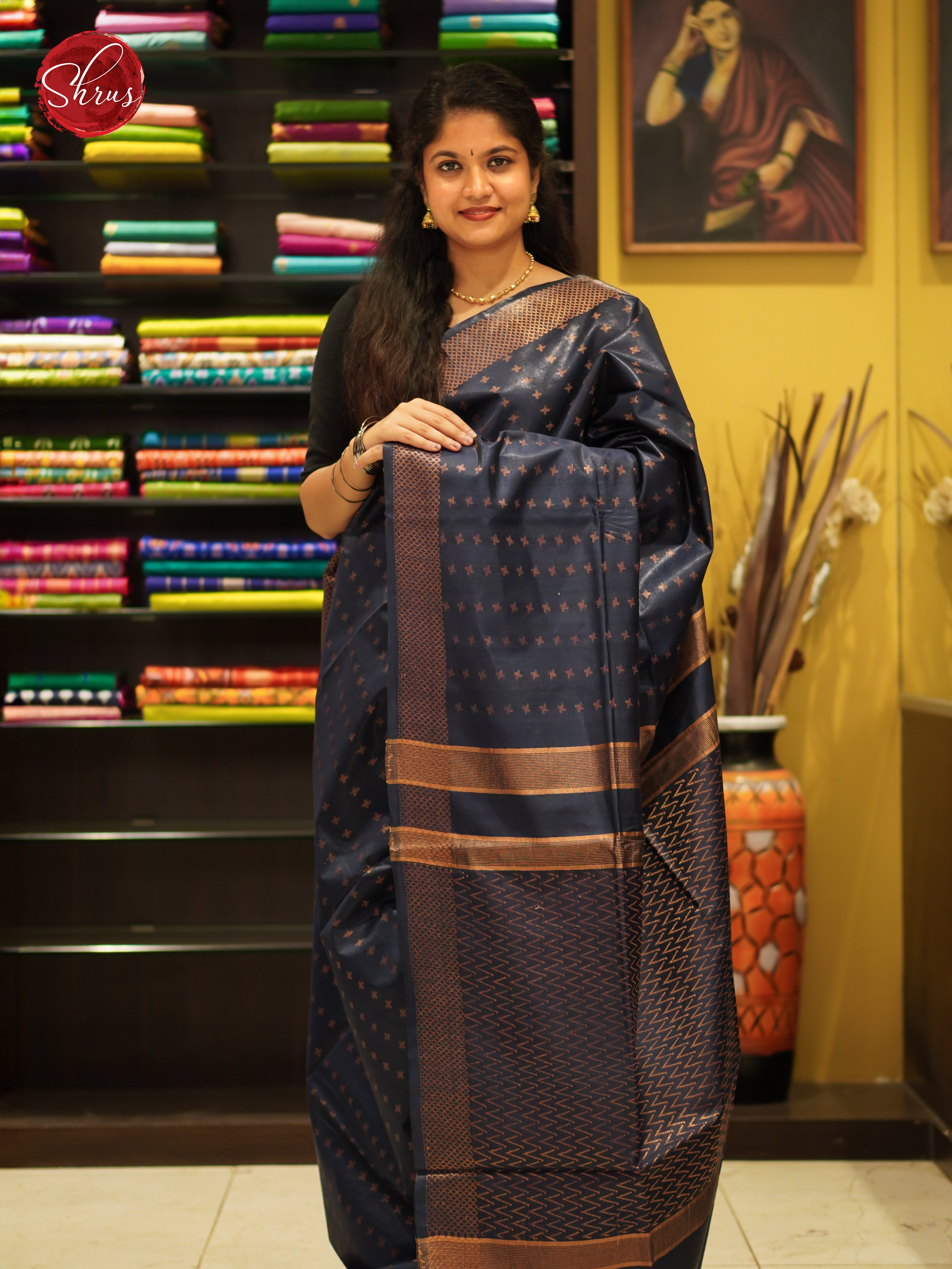 Navy Blue(Single Tone) - Semi Tussar Saree - Shop on ShrusEternity.com