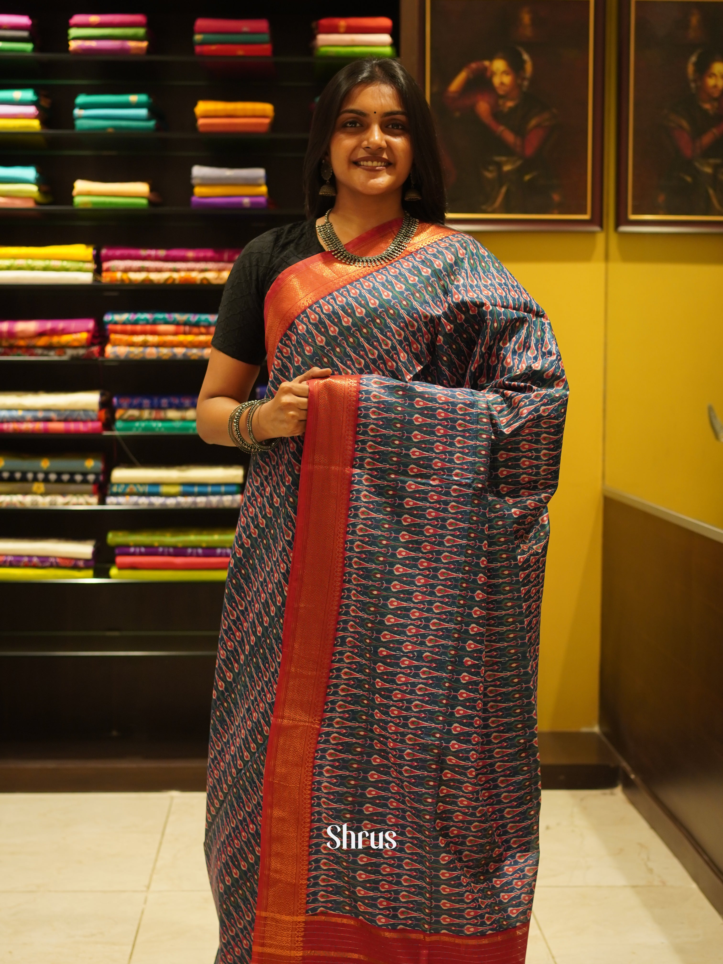 Peacock Blue & Red - Semi Tussar Saree - Shop on ShrusEternity.com