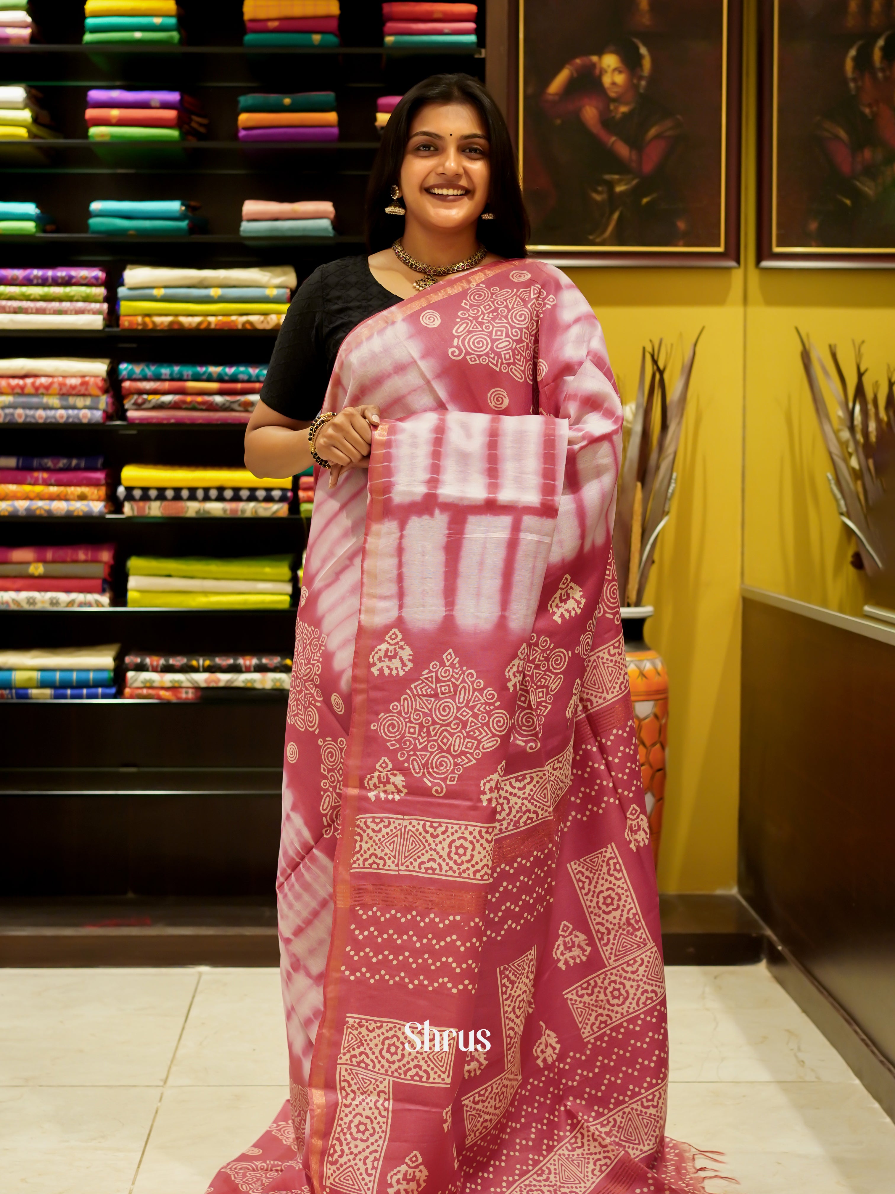 Cream & Rosy Pink - Bhatik Saree - Shop on ShrusEternity.com