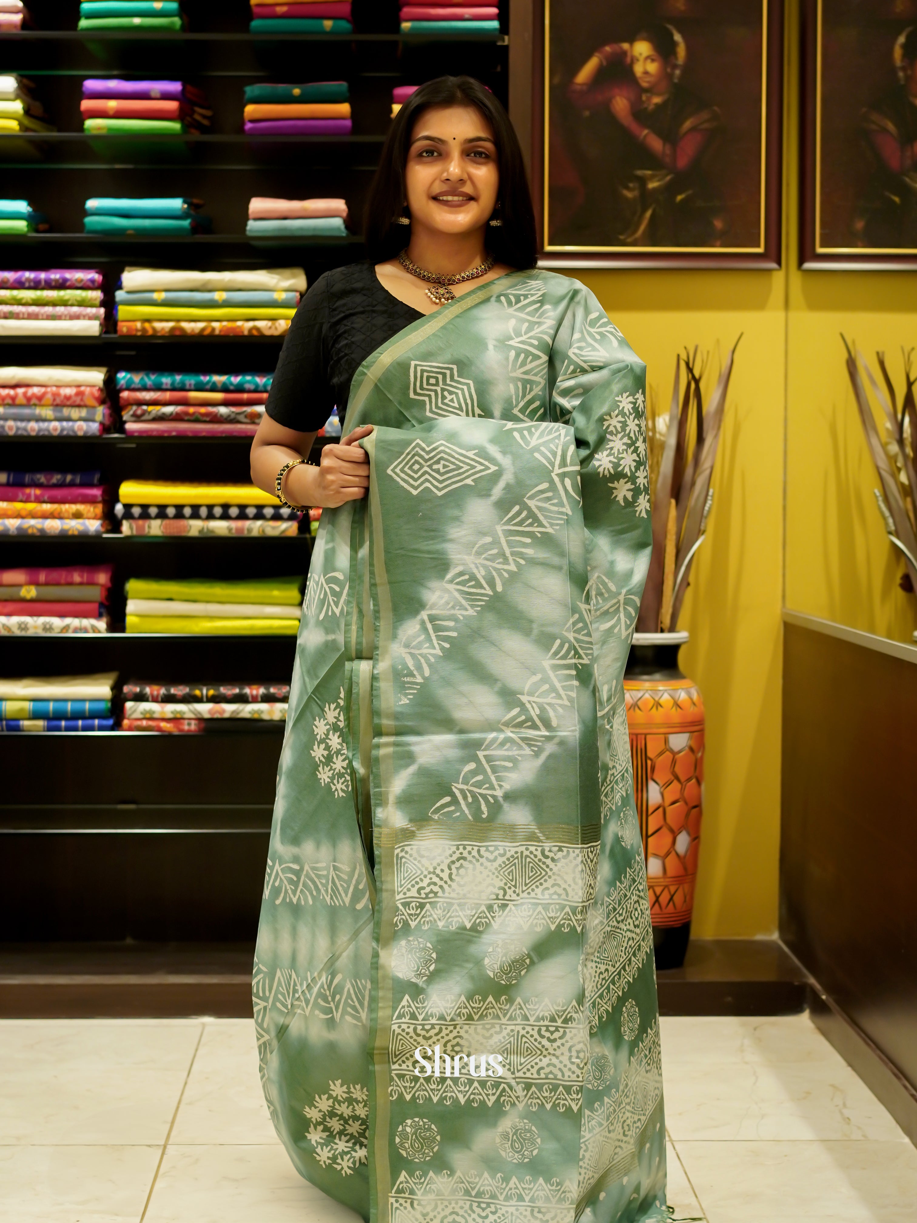 Cream & Green - Bhatik Saree - Shop on ShrusEternity.com