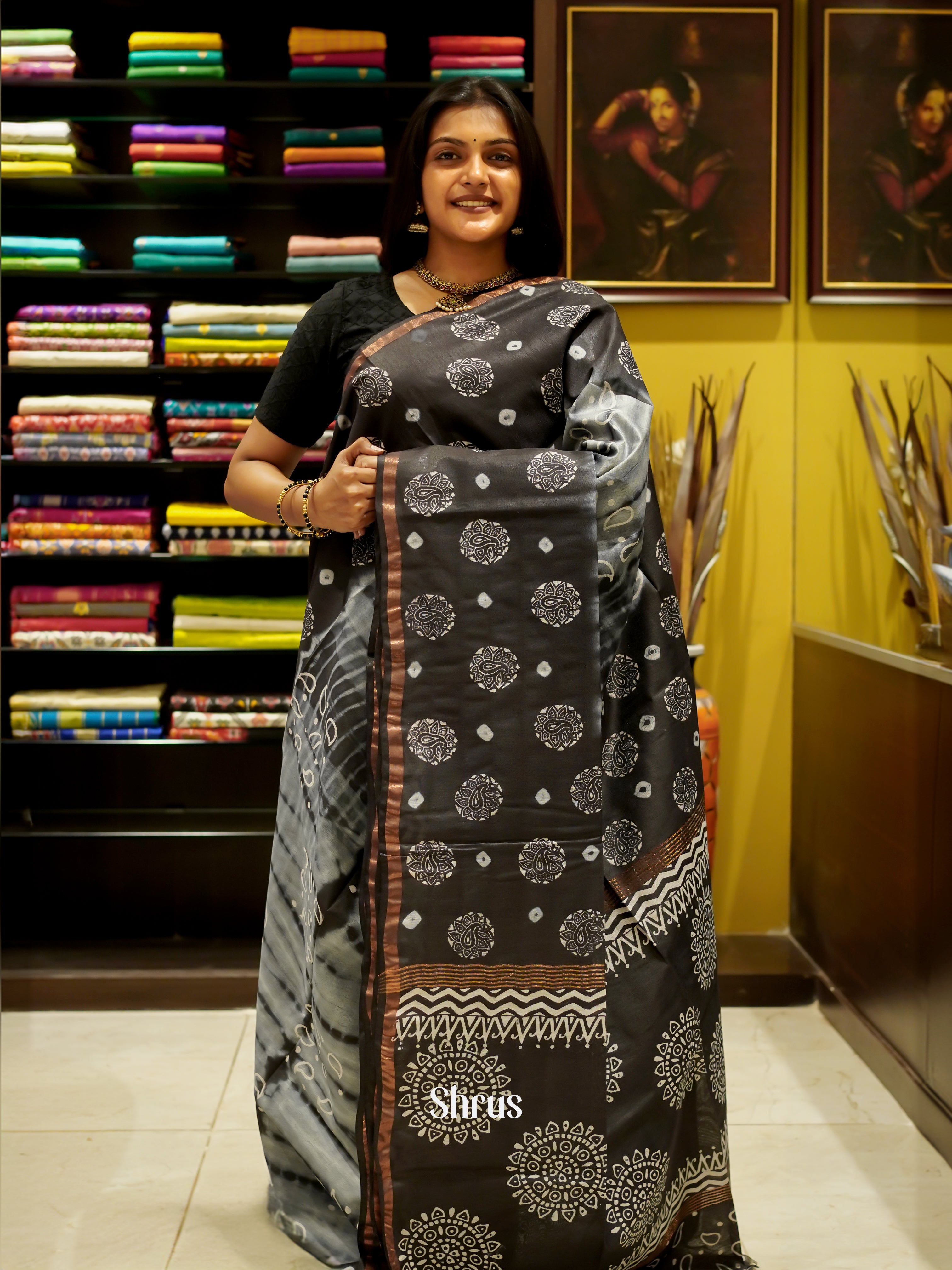 Cream & Black - Bhatik Saree - Shop on ShrusEternity.com