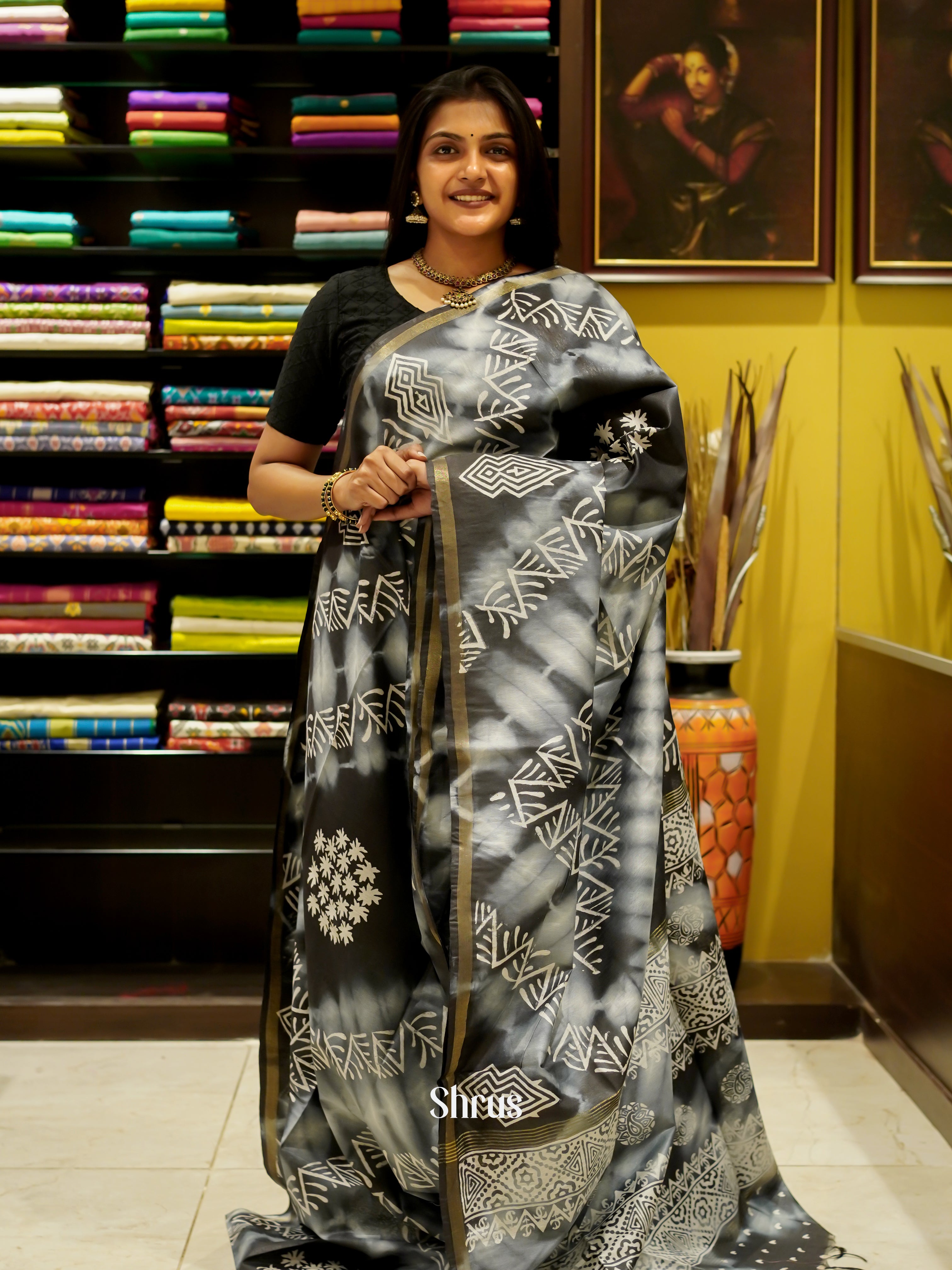 Cream & Black- Bhatik Saree - Shop on ShrusEternity.com