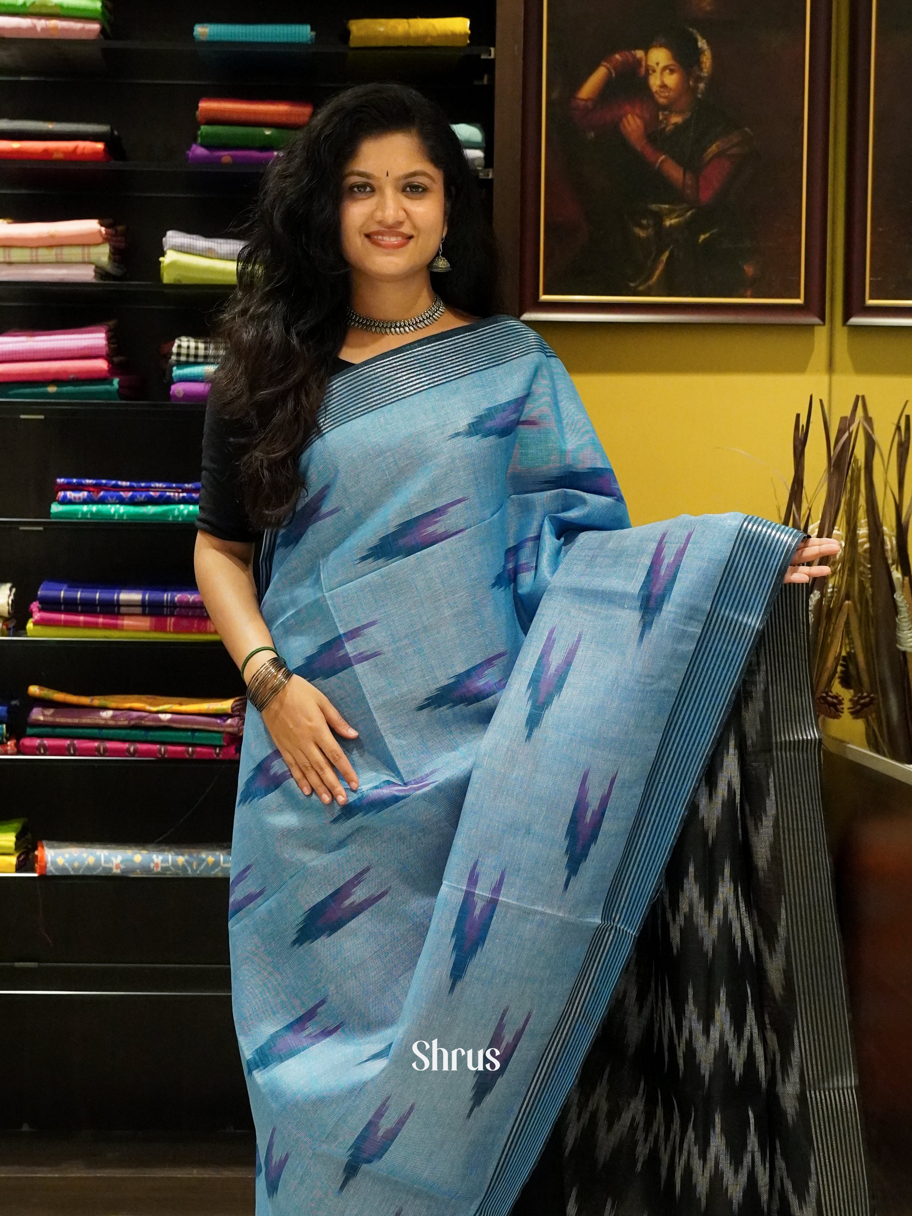 Blue & Black -Semi Ikkat - Shop on ShrusEternity.com