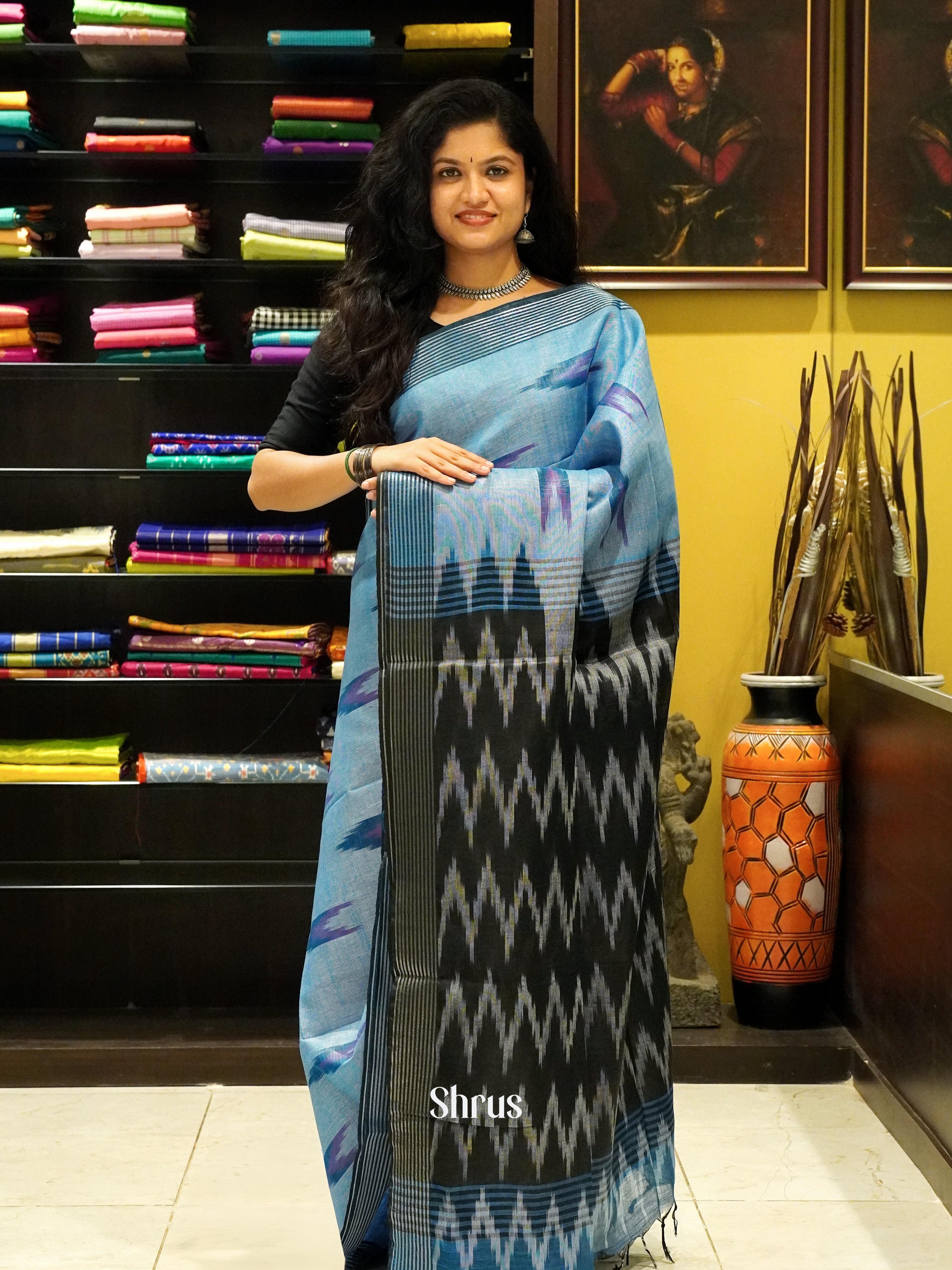 Blue & Black -Semi Ikkat - Shop on ShrusEternity.com