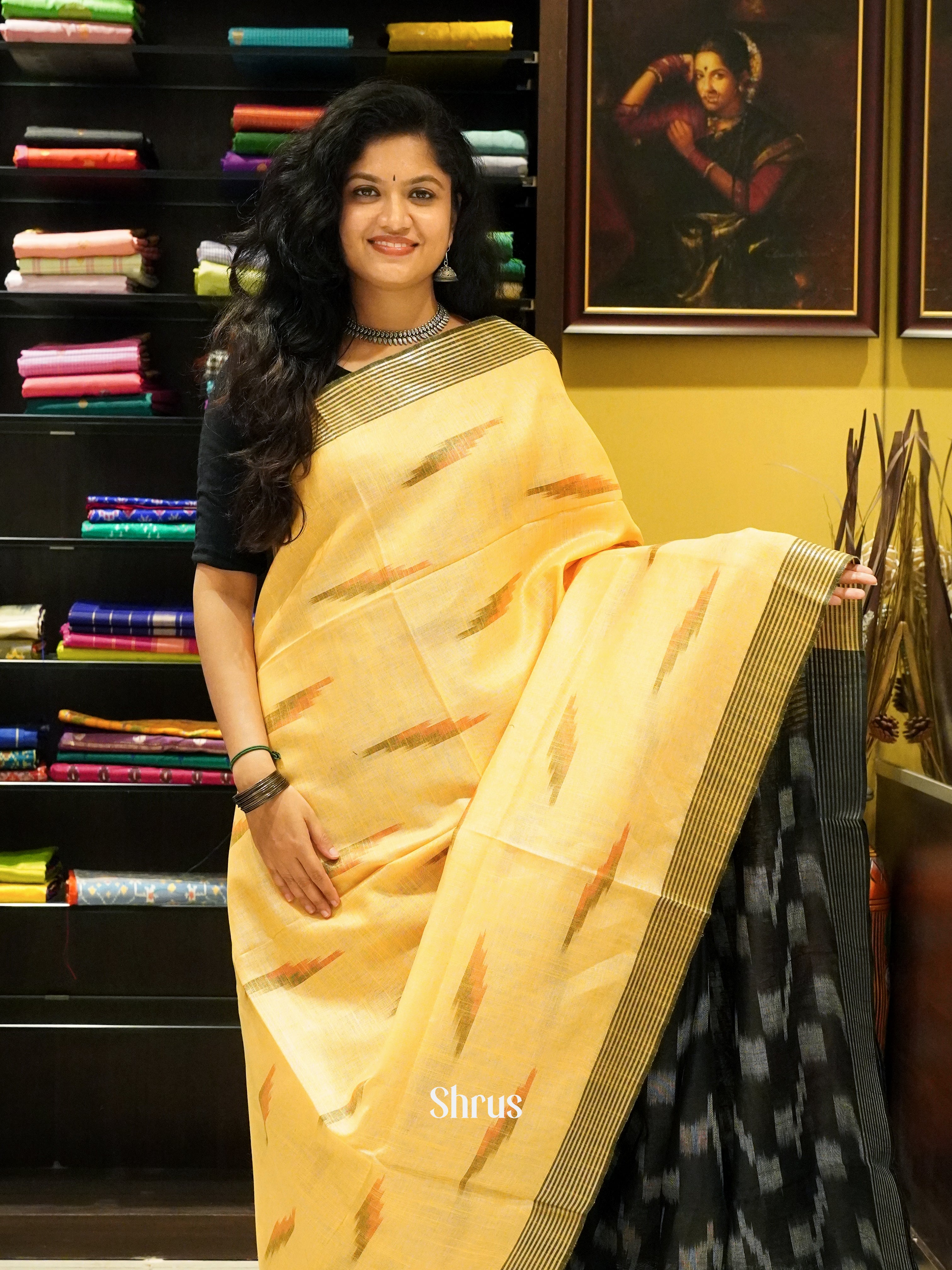 Yellow & Black -Semi Ikkat - Shop on ShrusEternity.com