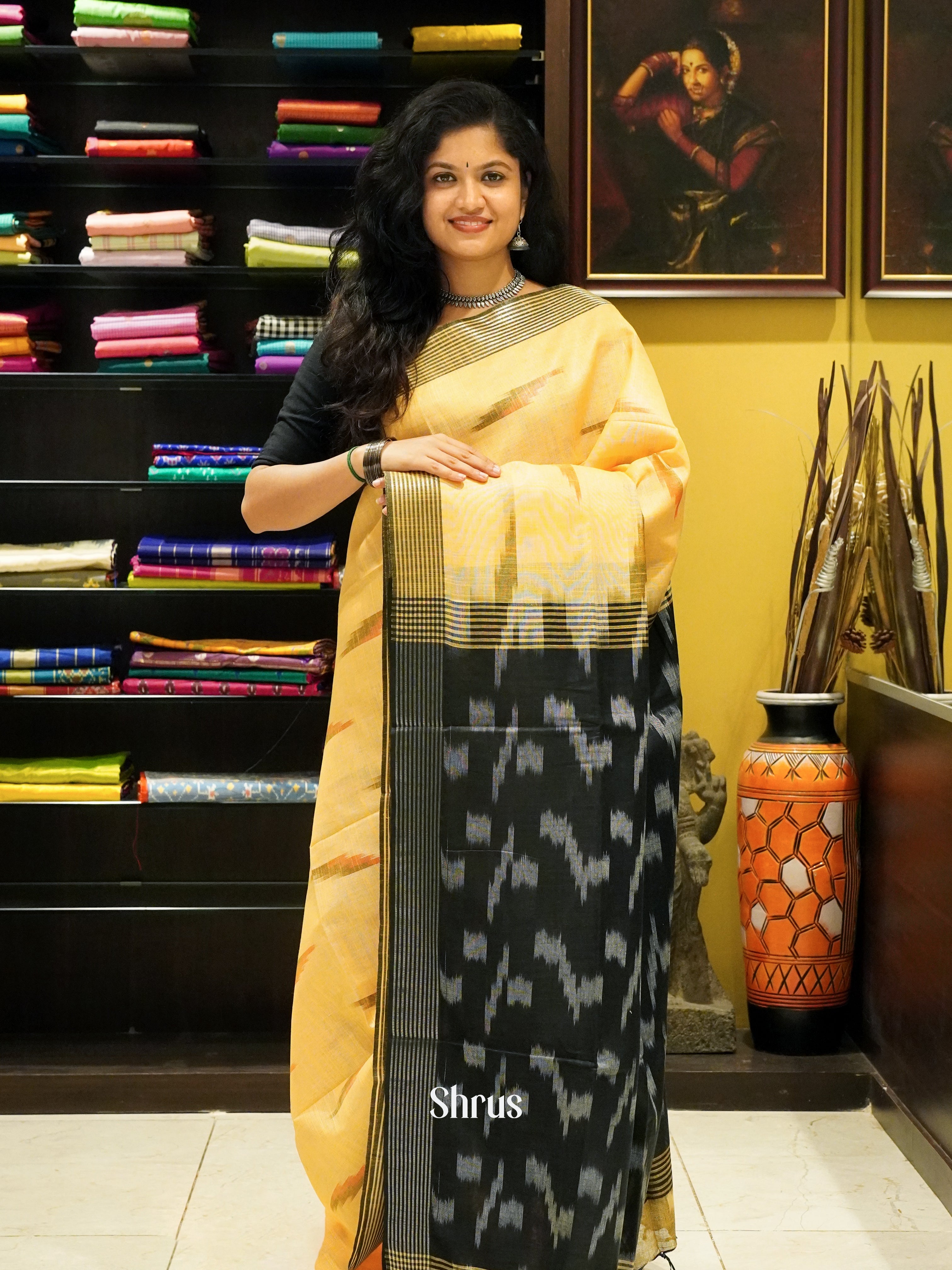 Yellow & Black -Semi Ikkat - Shop on ShrusEternity.com