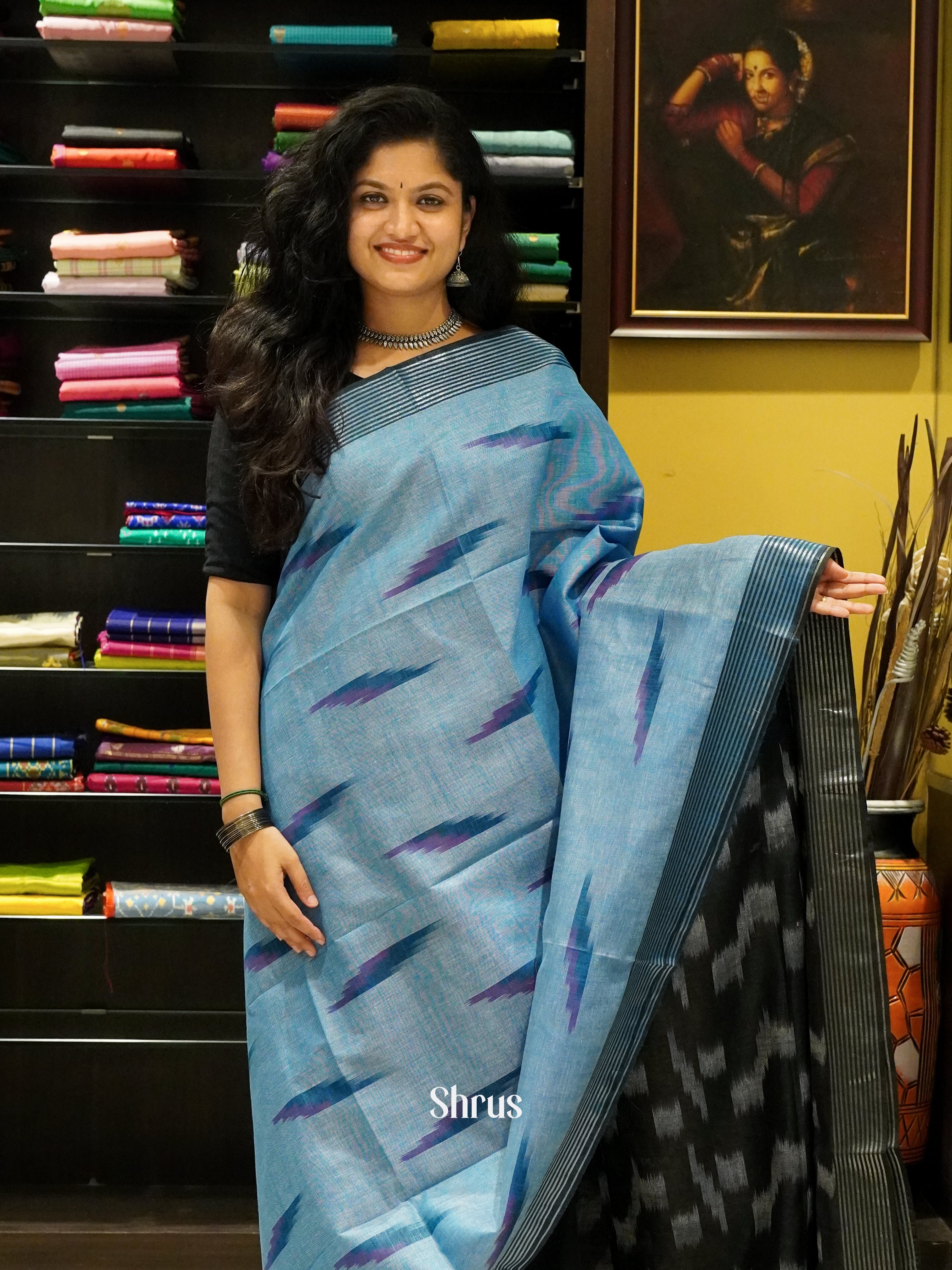 Blue & Black -Semi Ikkat - Shop on ShrusEternity.com