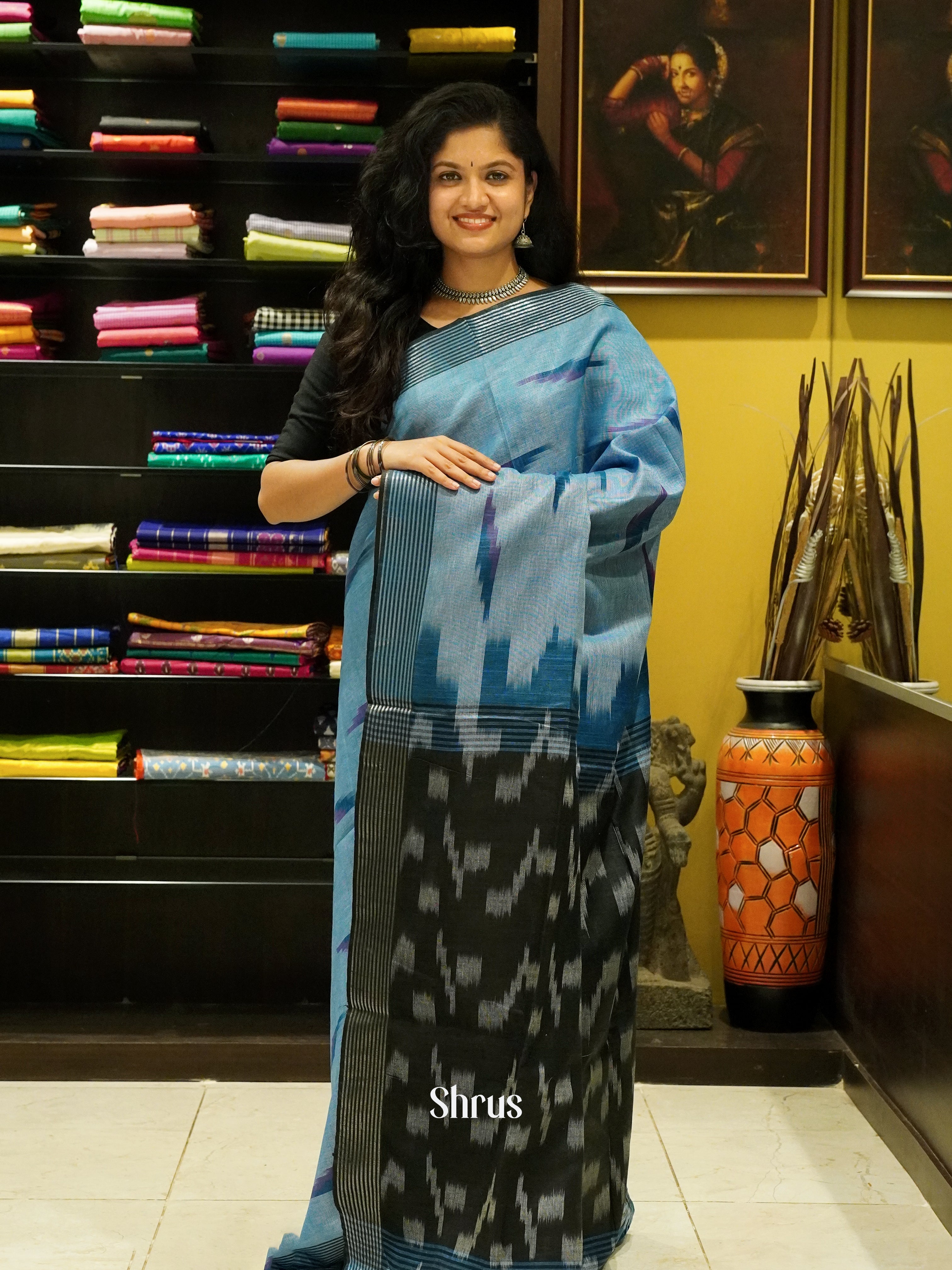 Blue & Black -Semi Ikkat - Shop on ShrusEternity.com