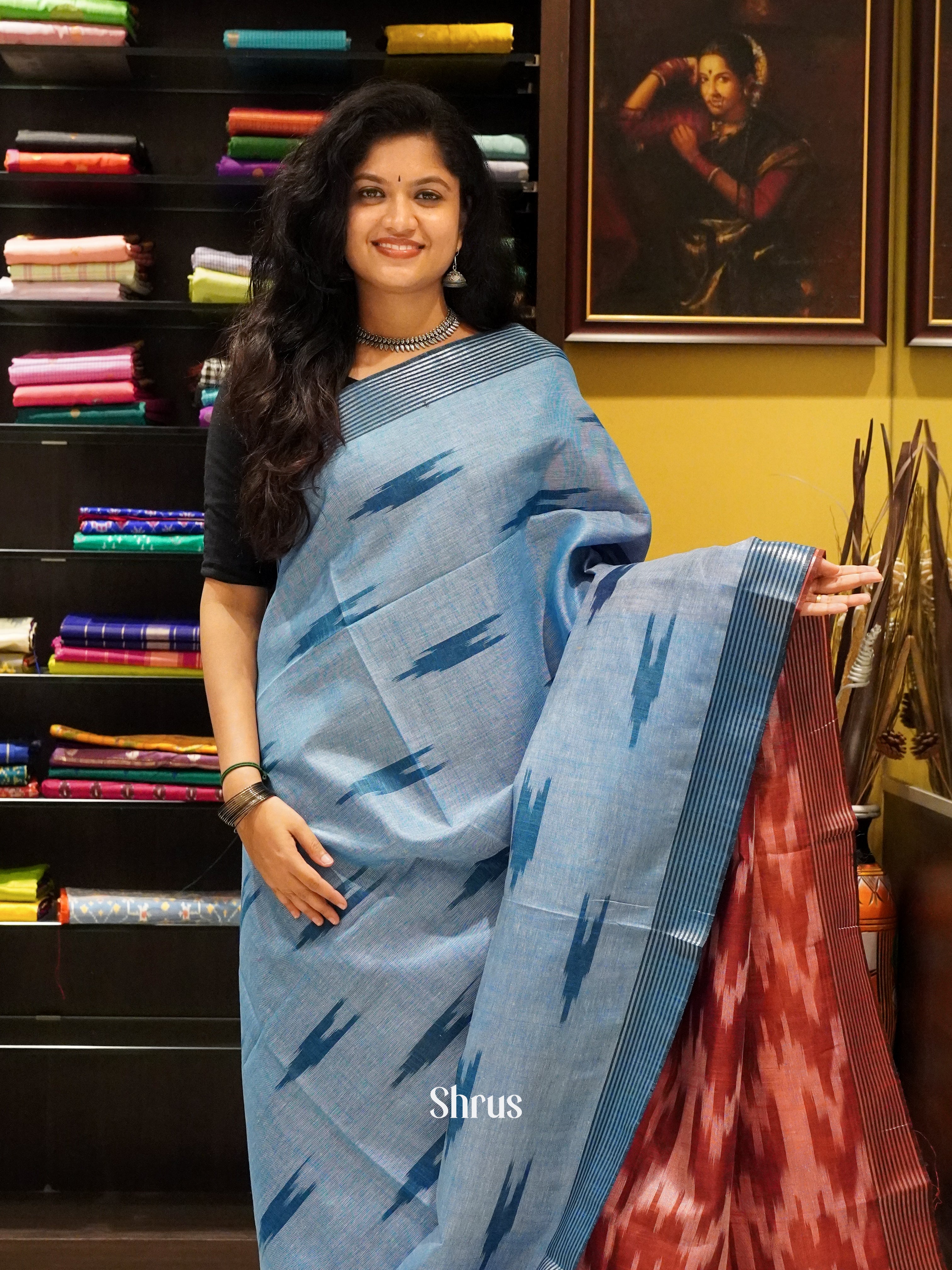 Blue & Pink -Semi Ikkat - Shop on ShrusEternity.com