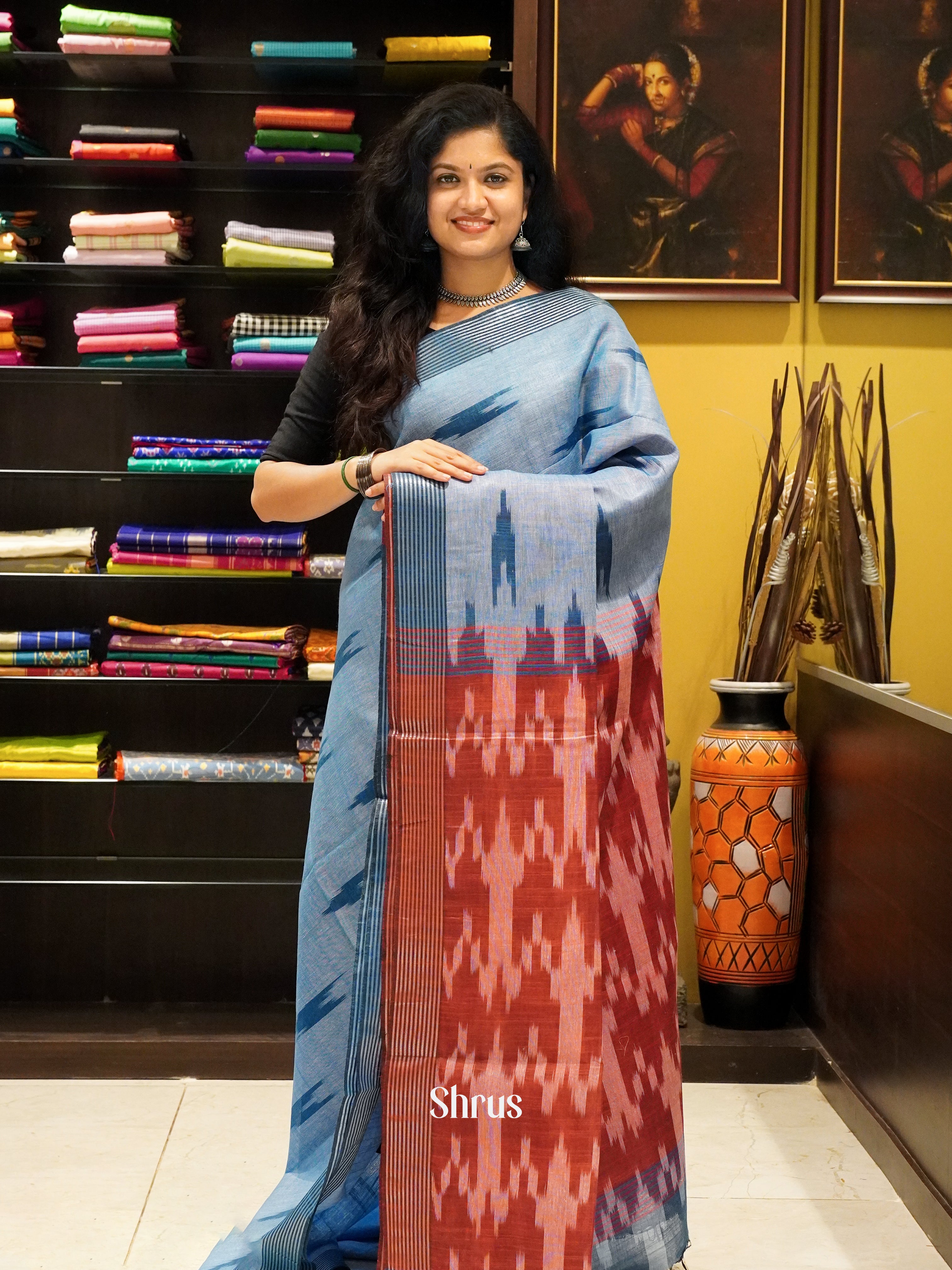 Blue & Pink -Semi Ikkat - Shop on ShrusEternity.com