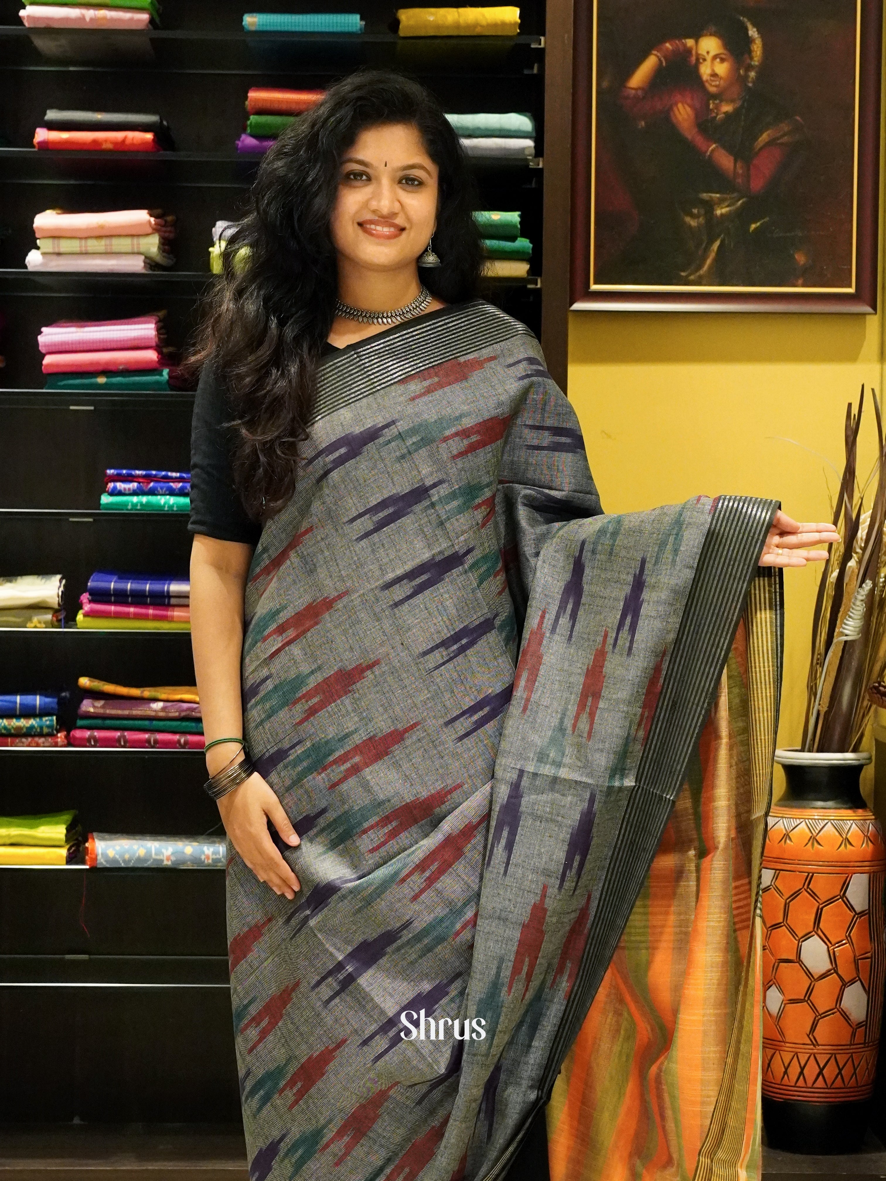 Grey & Orange -Semi Ikkat - Shop on ShrusEternity.com
