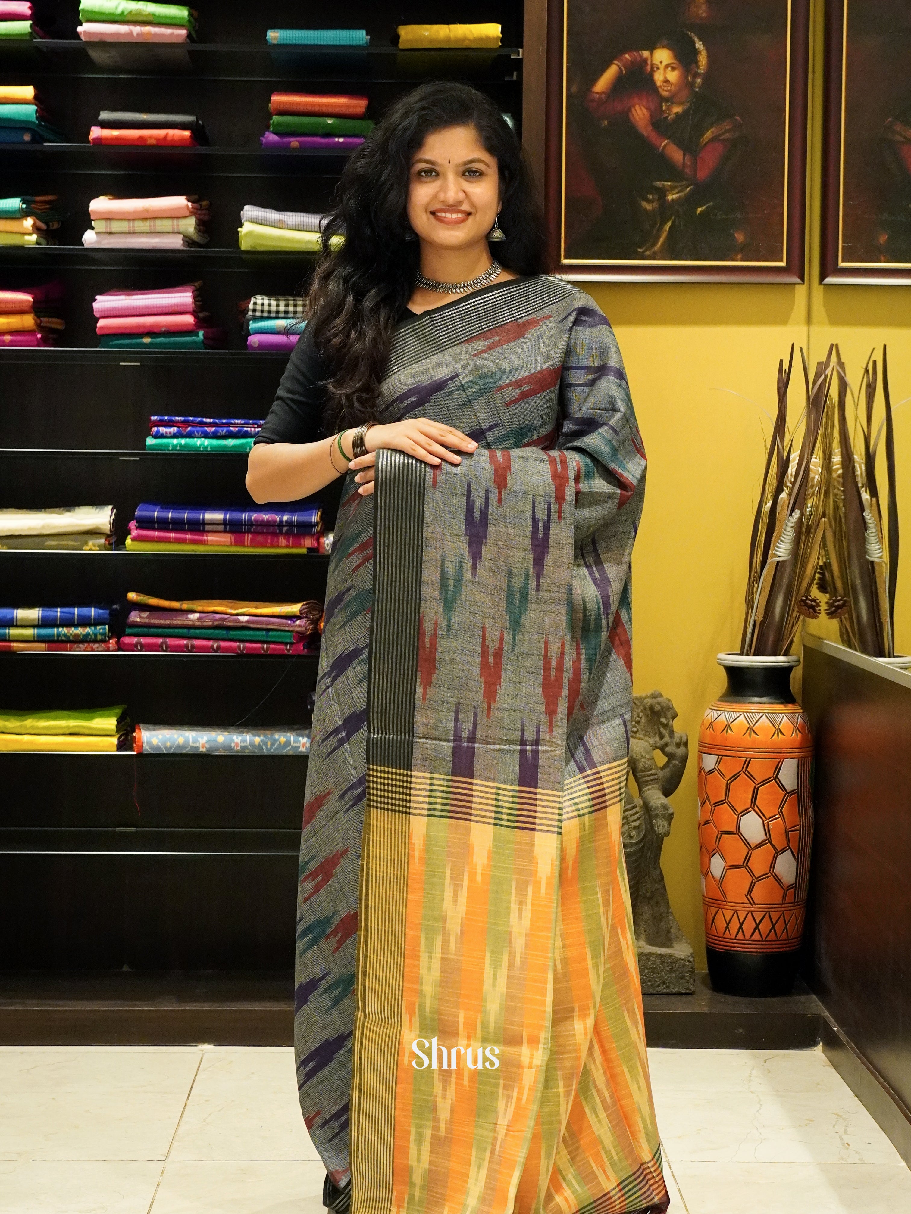 Grey & Orange -Semi Ikkat - Shop on ShrusEternity.com