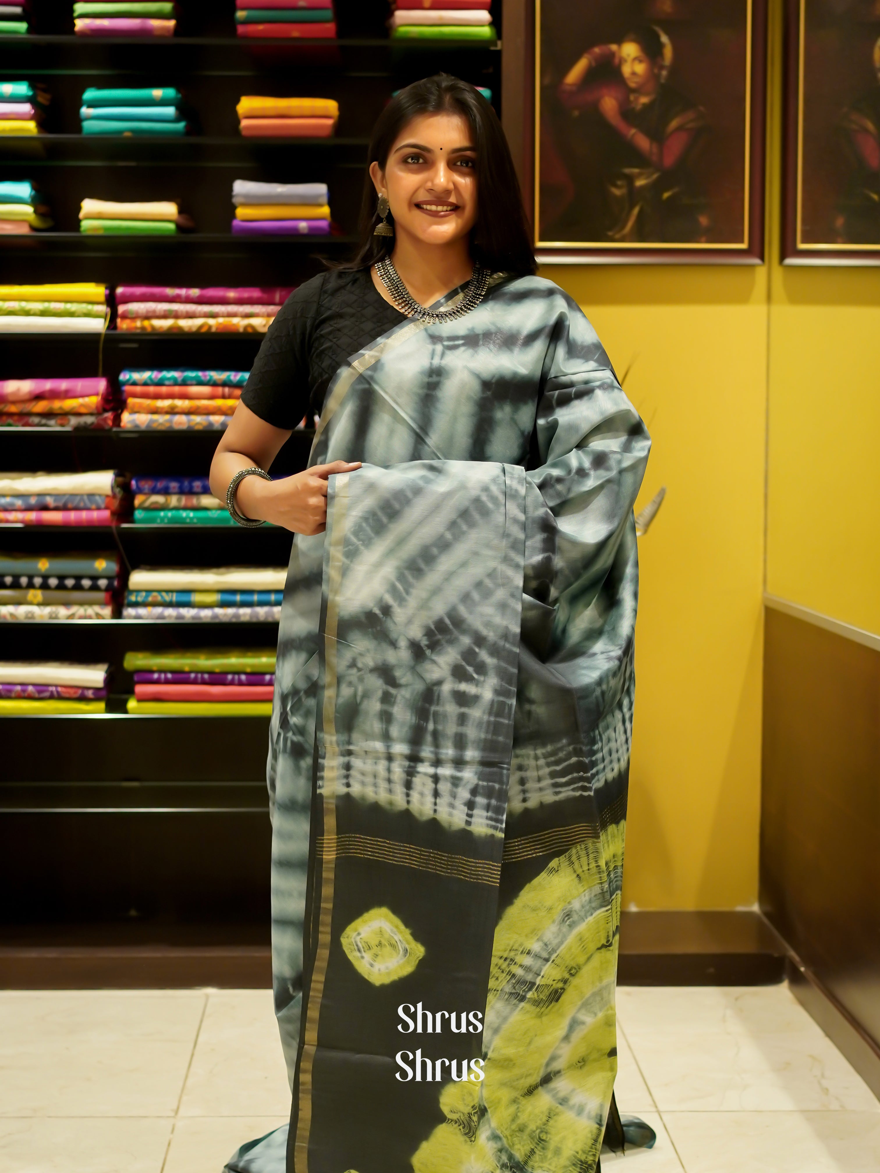 Green & Yellow - Shibori Saree - Shop on ShrusEternity.com