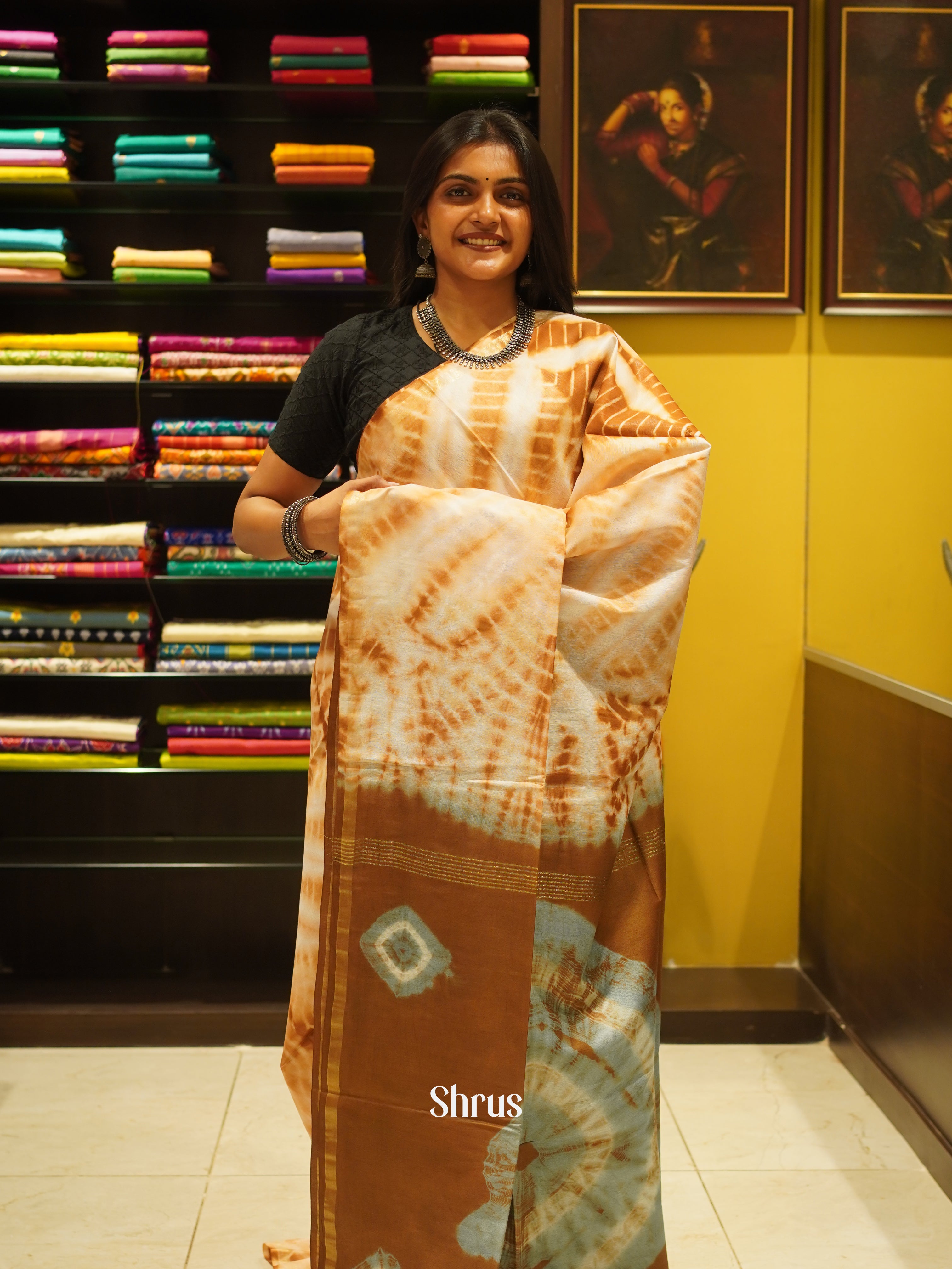 Brown & Grey - Shibori Saree - Shop on ShrusEternity.com