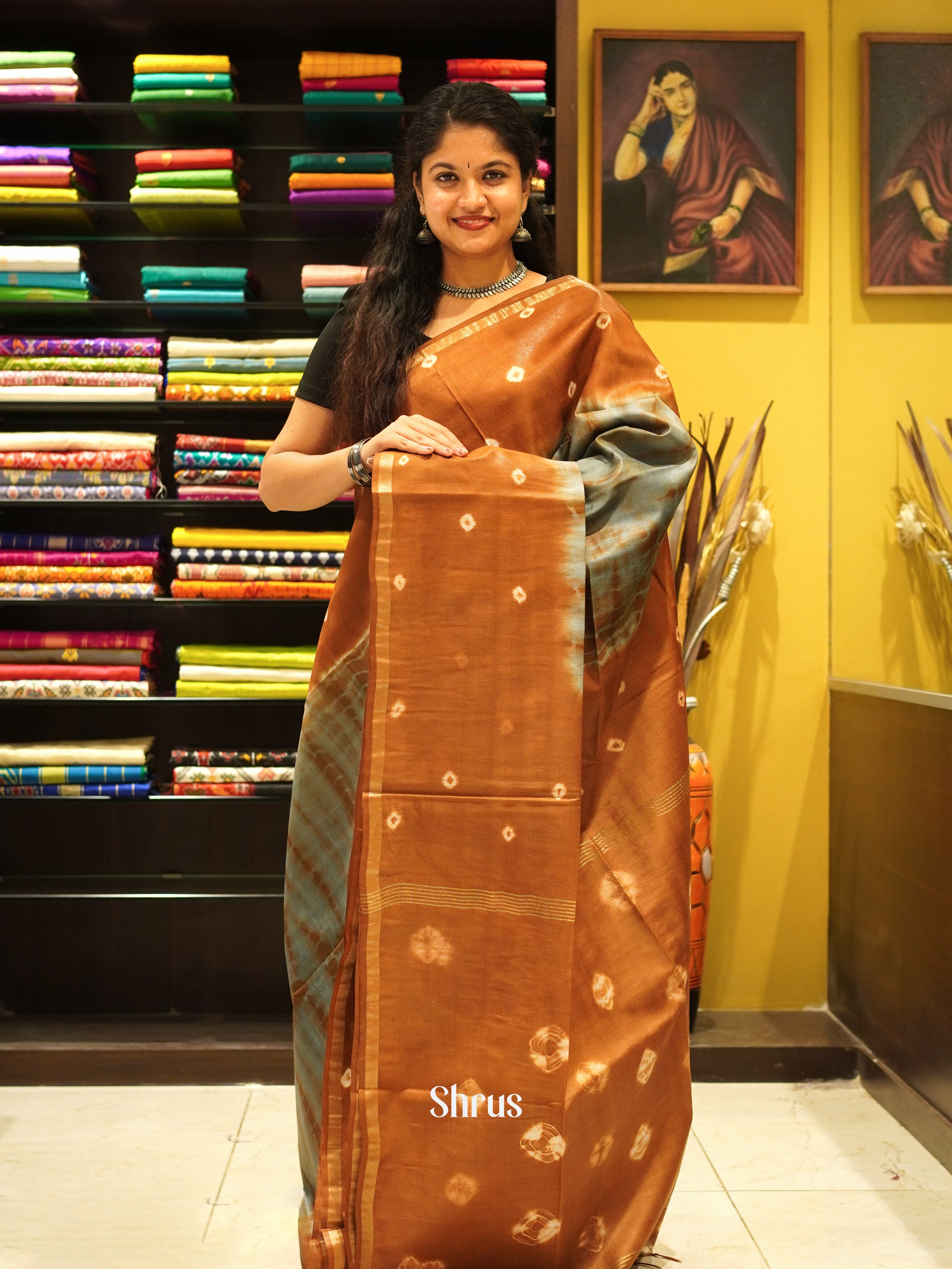 Grey & Brown - Shibori Saree - Shop on ShrusEternity.com