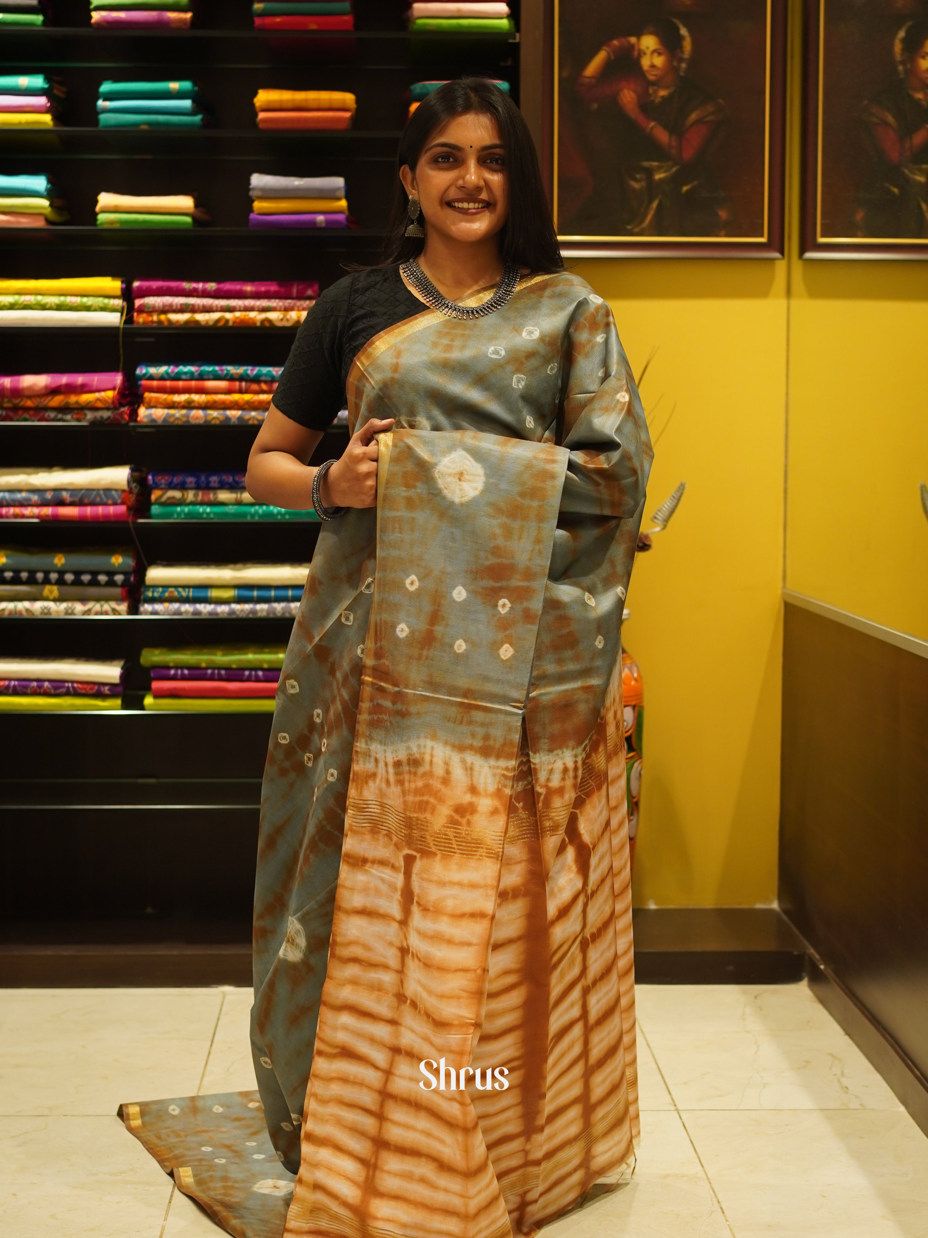 Grey & Brown - Shibori Saree - Shop on ShrusEternity.com
