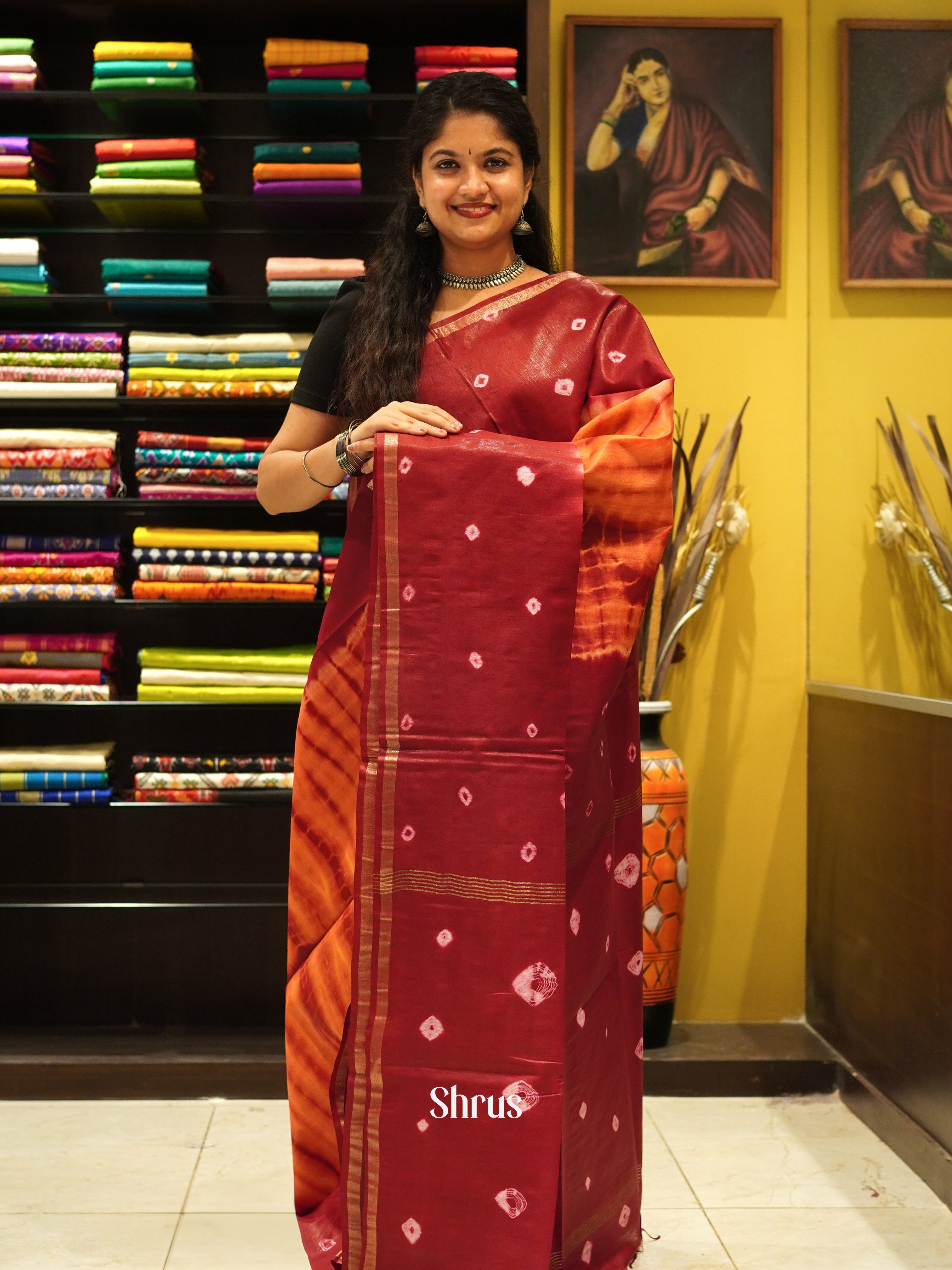 Orange & Maroon - Shibori Saree - Shop on ShrusEternity.com