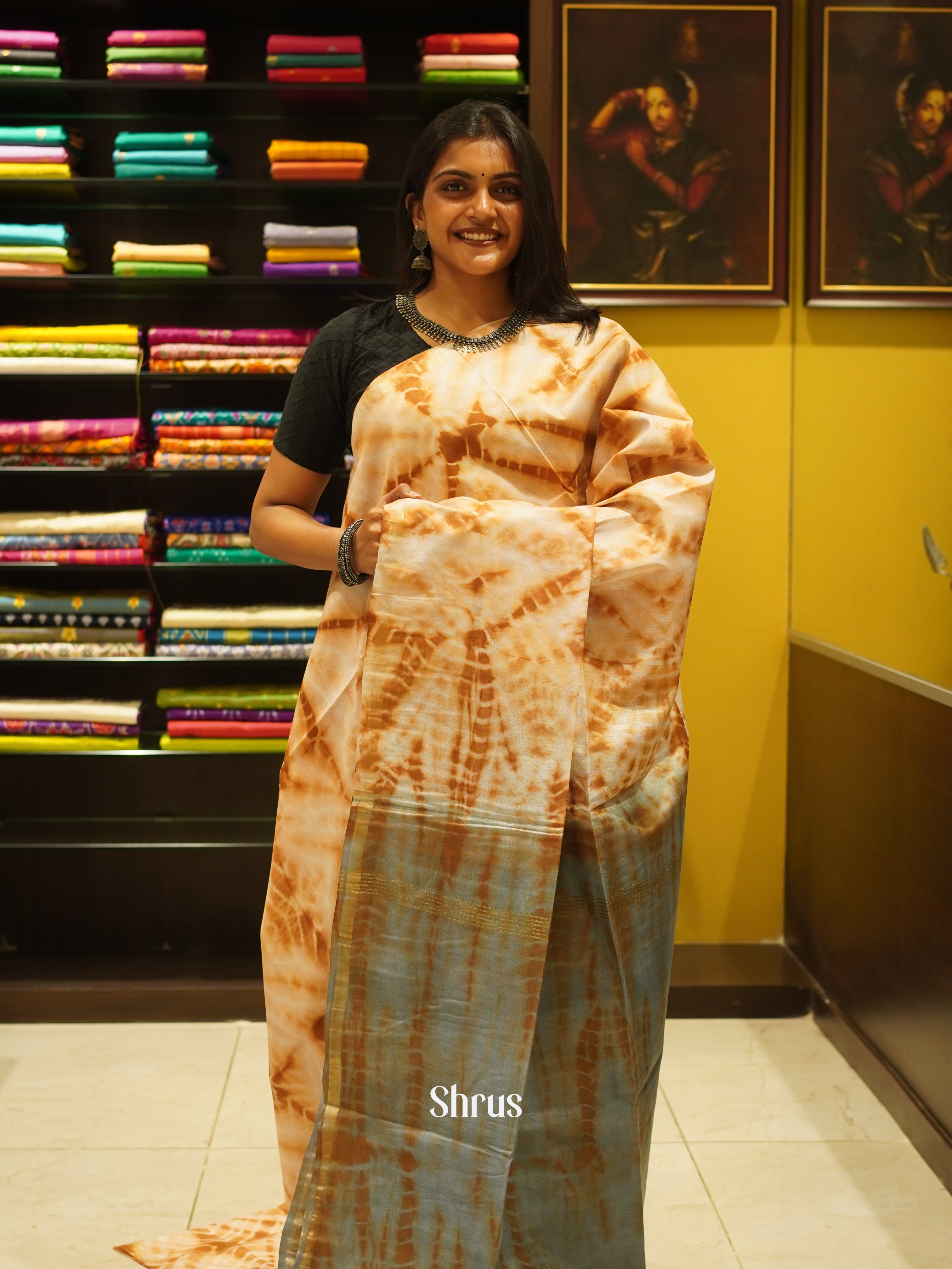Brown & Grey - Shibori Saree - Shop on ShrusEternity.com