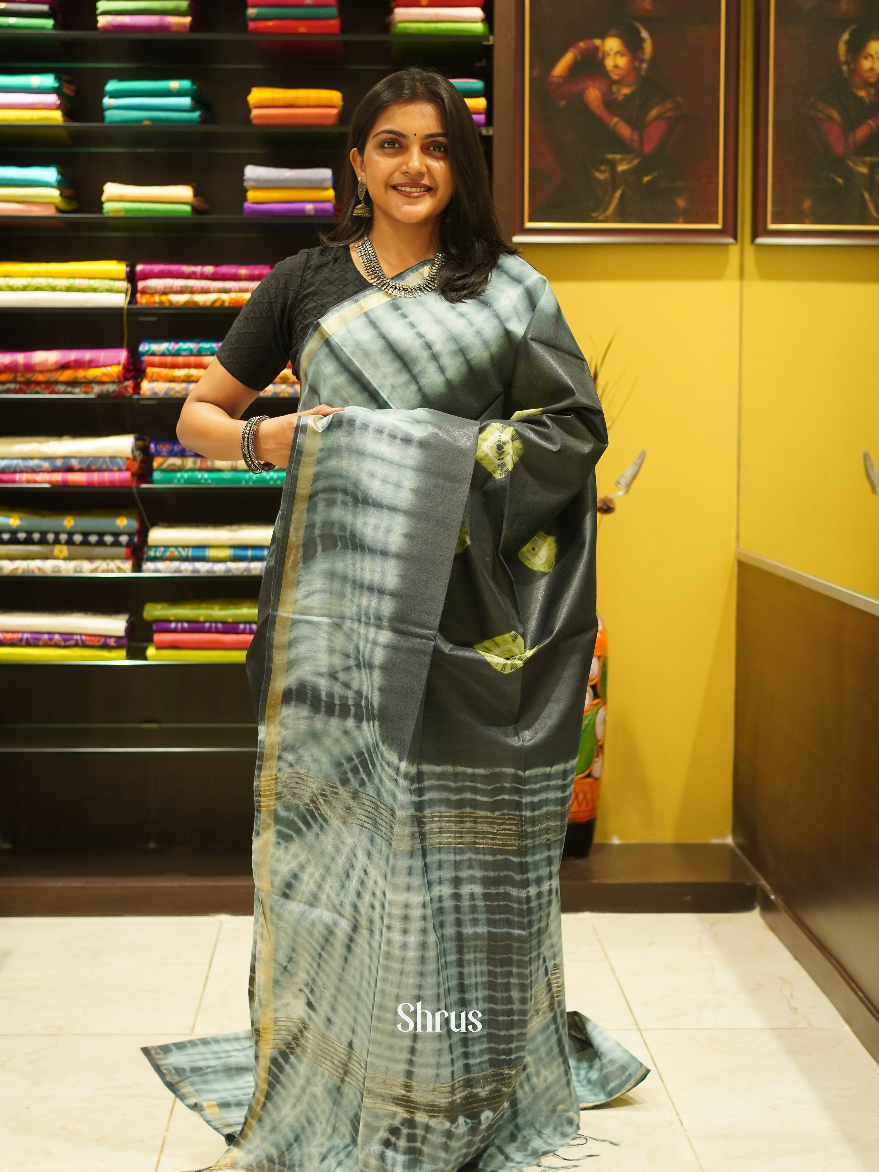 Grey & Yellow - Shibori Saree - Shop on ShrusEternity.com