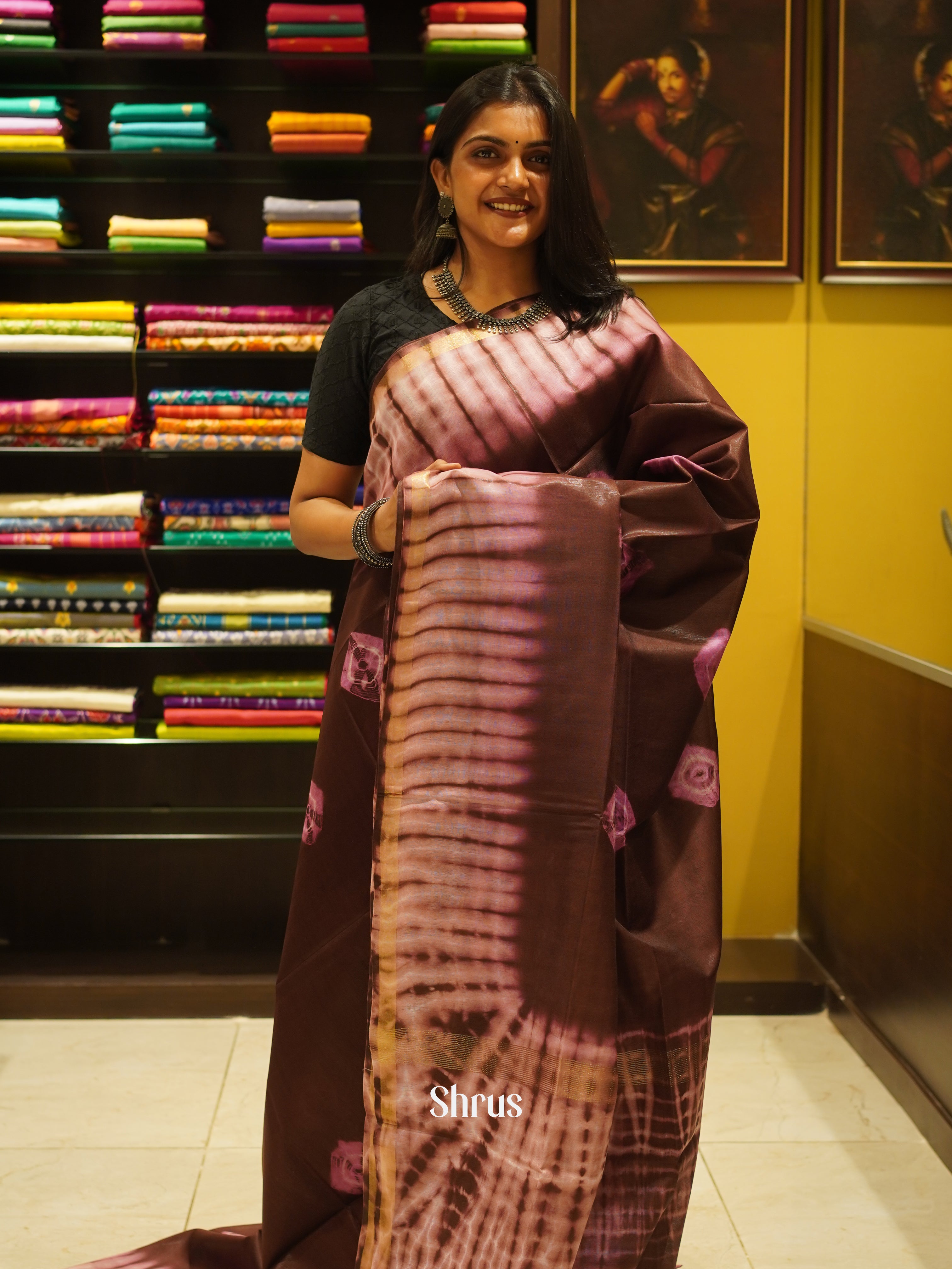 Brown & Pink - Shibori Saree - Shop on ShrusEternity.com