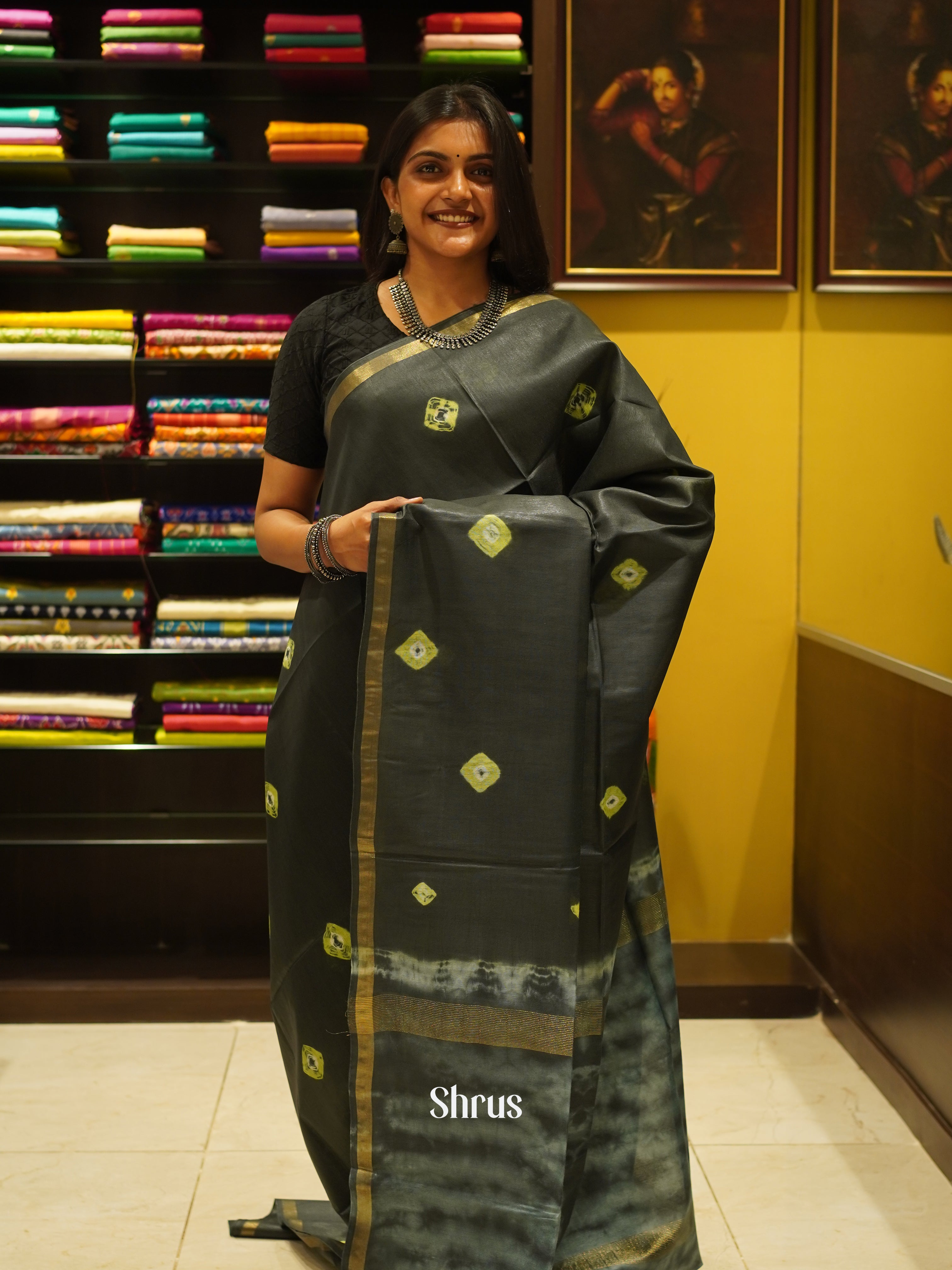 Army Green & Yellow - Shibori Saree - Shop on ShrusEternity.com