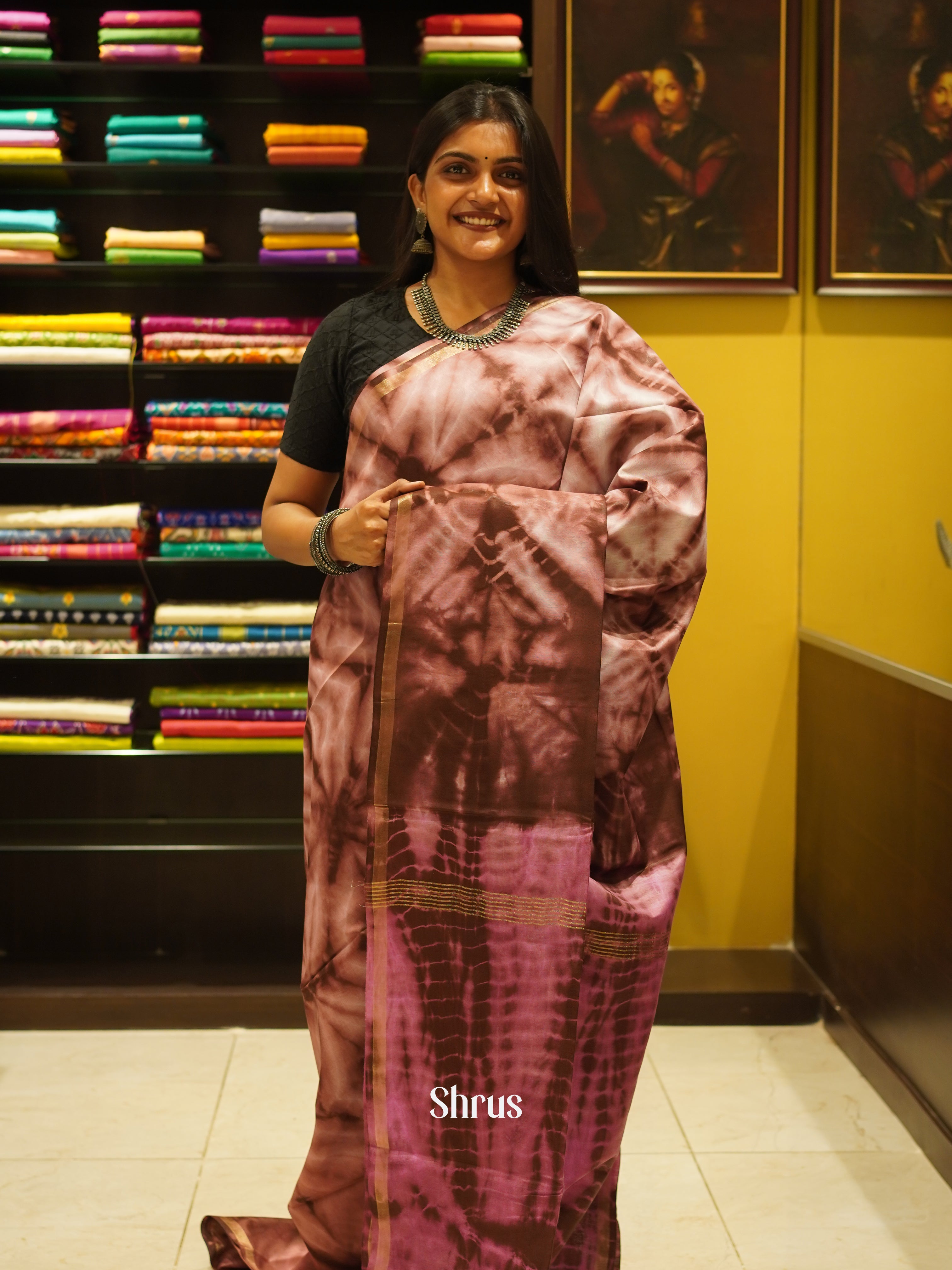 Brown & Pink- Shibori Saree - Shop on ShrusEternity.com