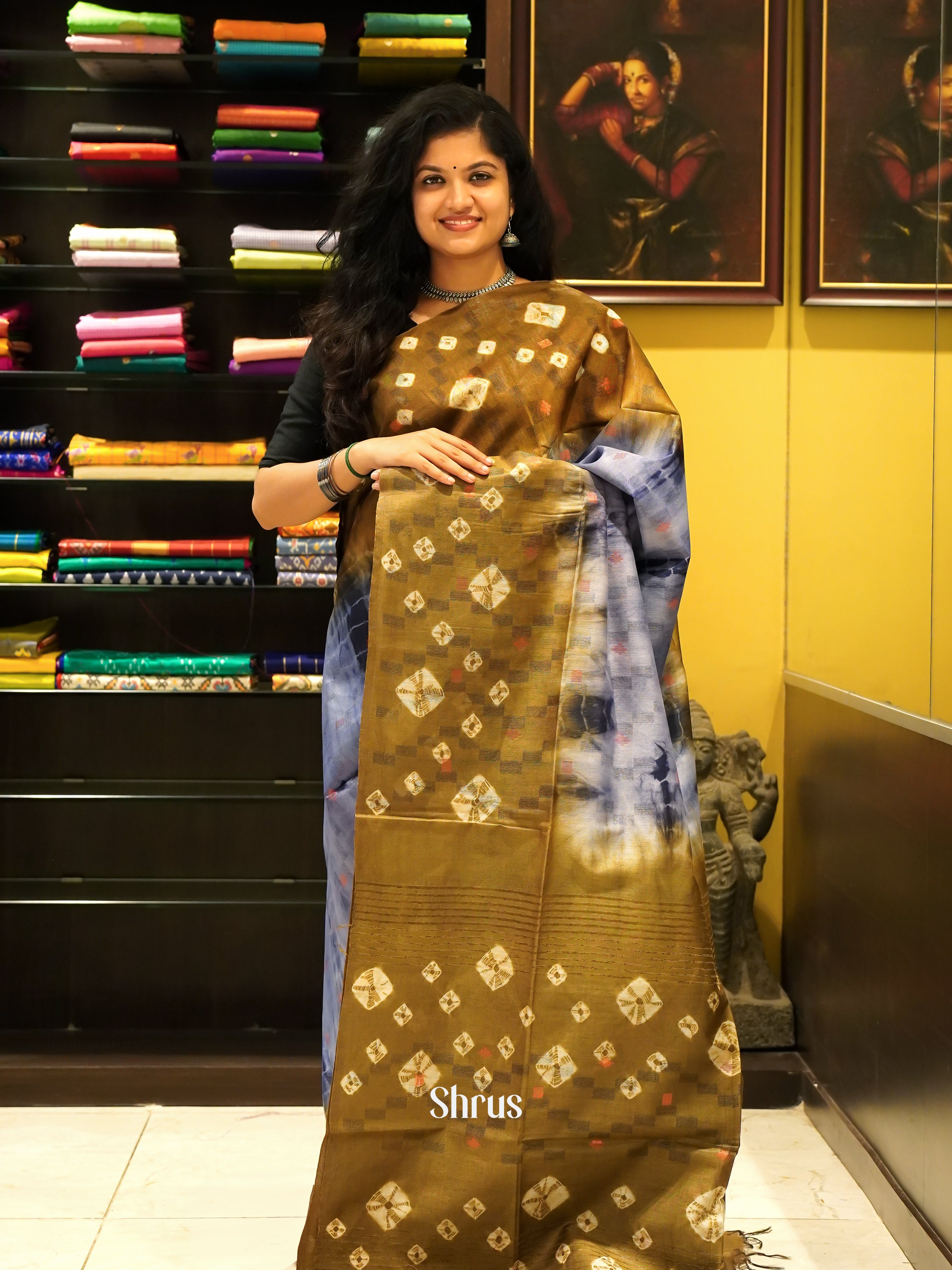 Blue & Brown - Shibori Saree - Shop on ShrusEternity.com