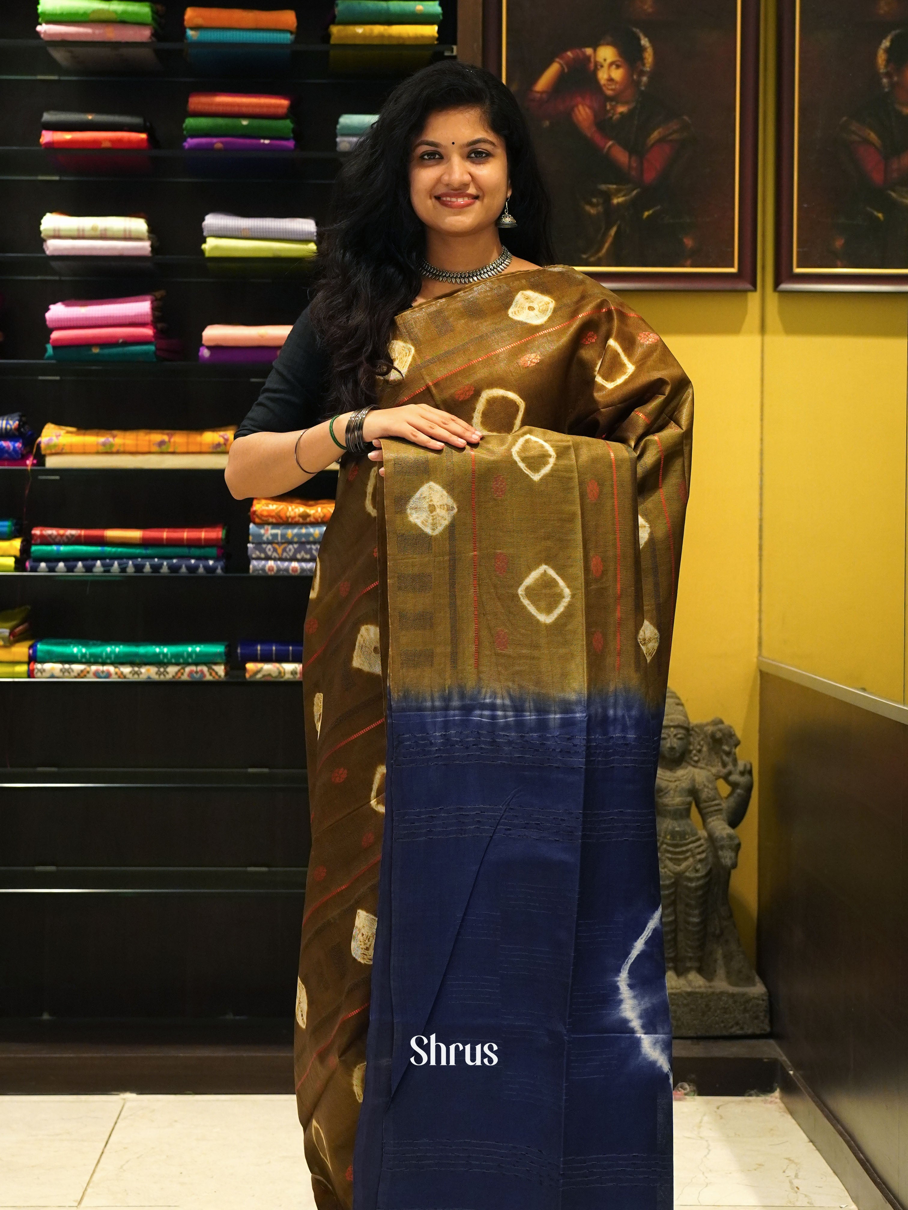 Brown & Blue -Shibori Saree - Shop on ShrusEternity.com