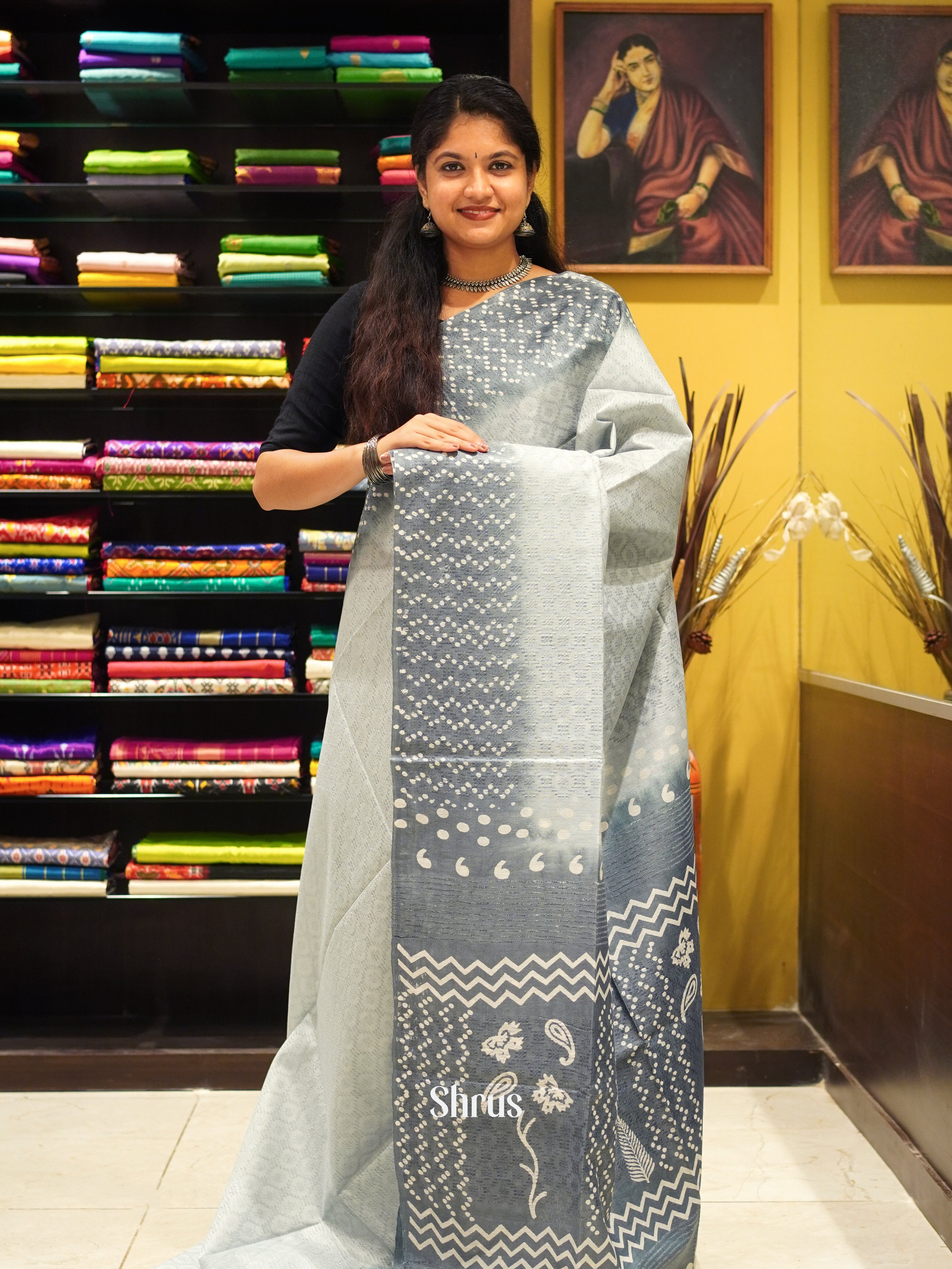 Grey - Semi Tussar Saree - Shop on ShrusEternity.com