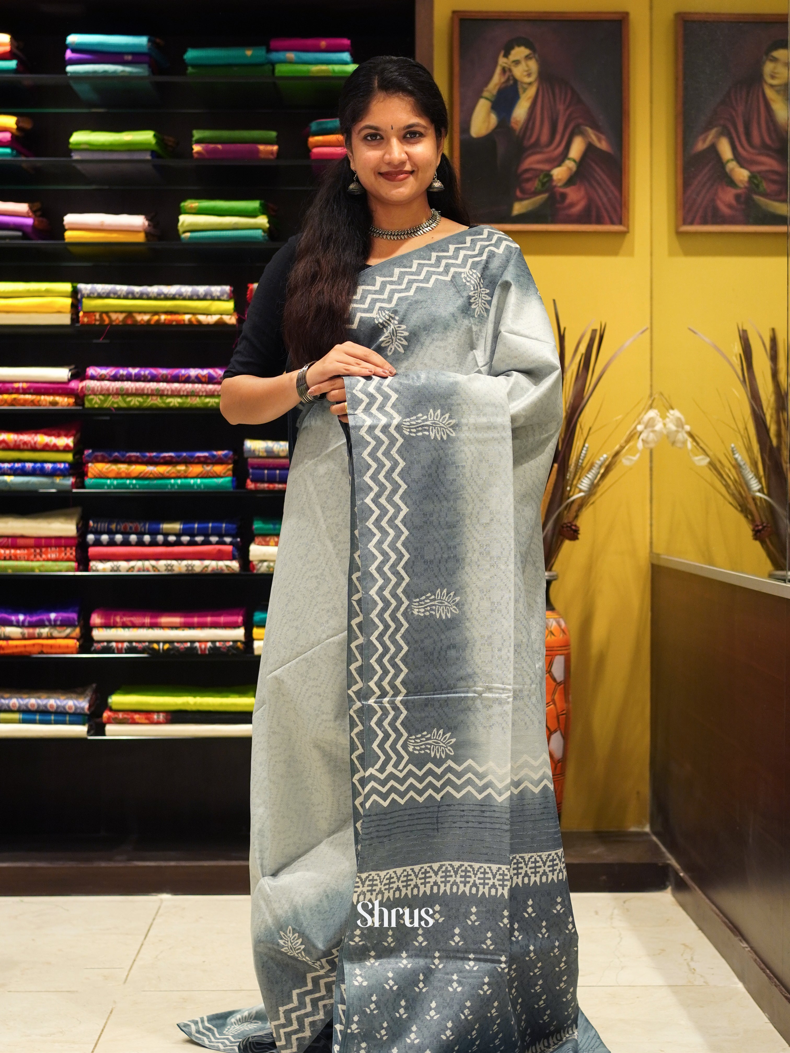 Grey - Semi Tussar Saree - Shop on ShrusEternity.com