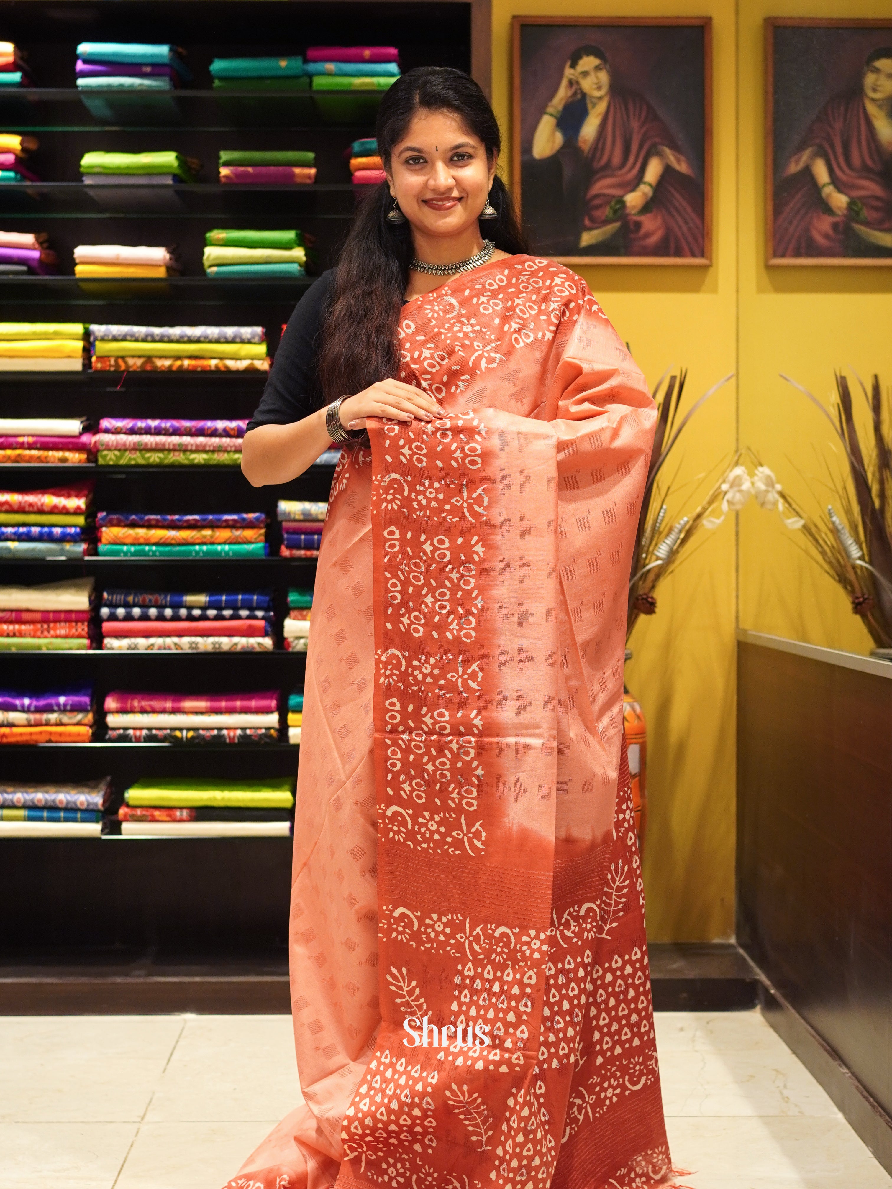 Peachish Pink & Red- Semi Tussar - Shop on ShrusEternity.com