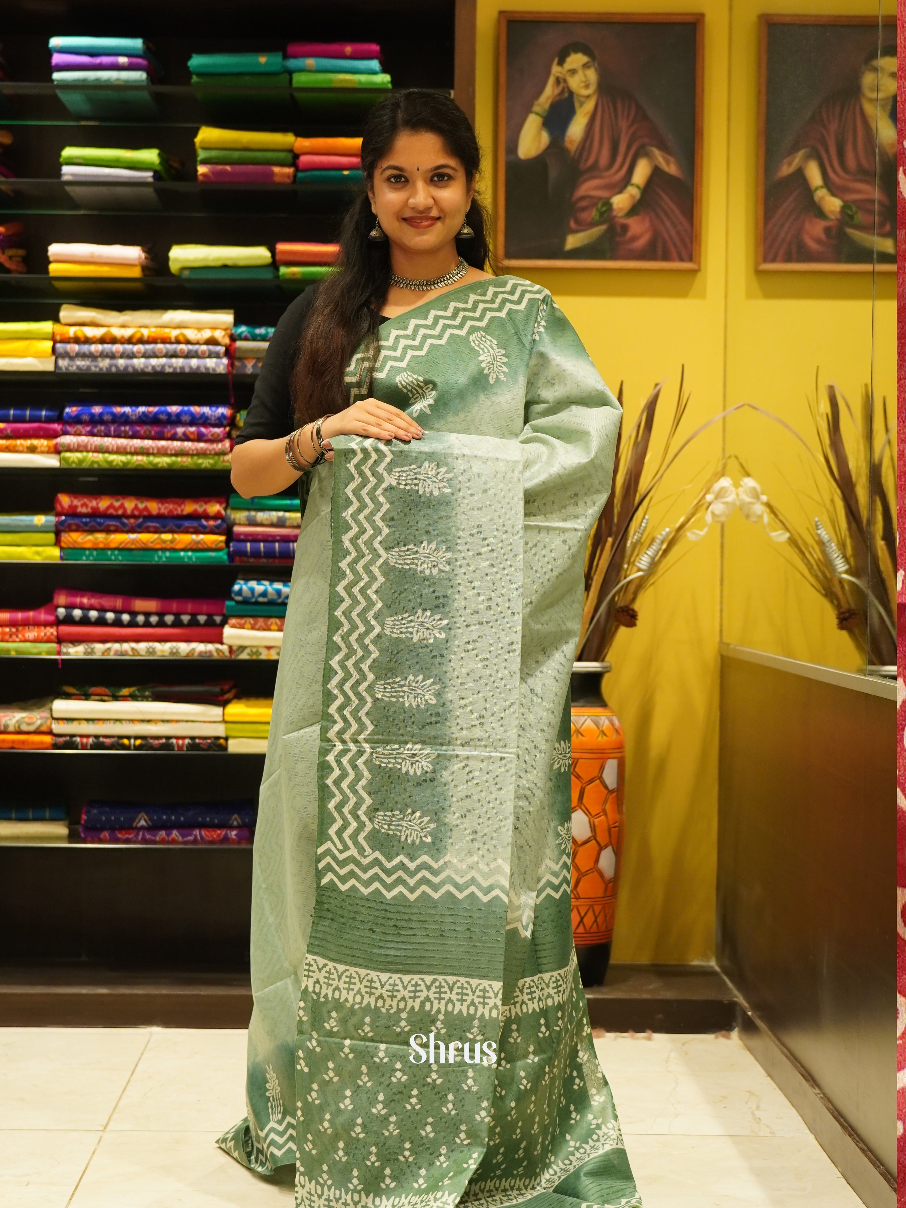 Dull Green & Green - Semi Tussar Saree - Shop on ShrusEternity.com