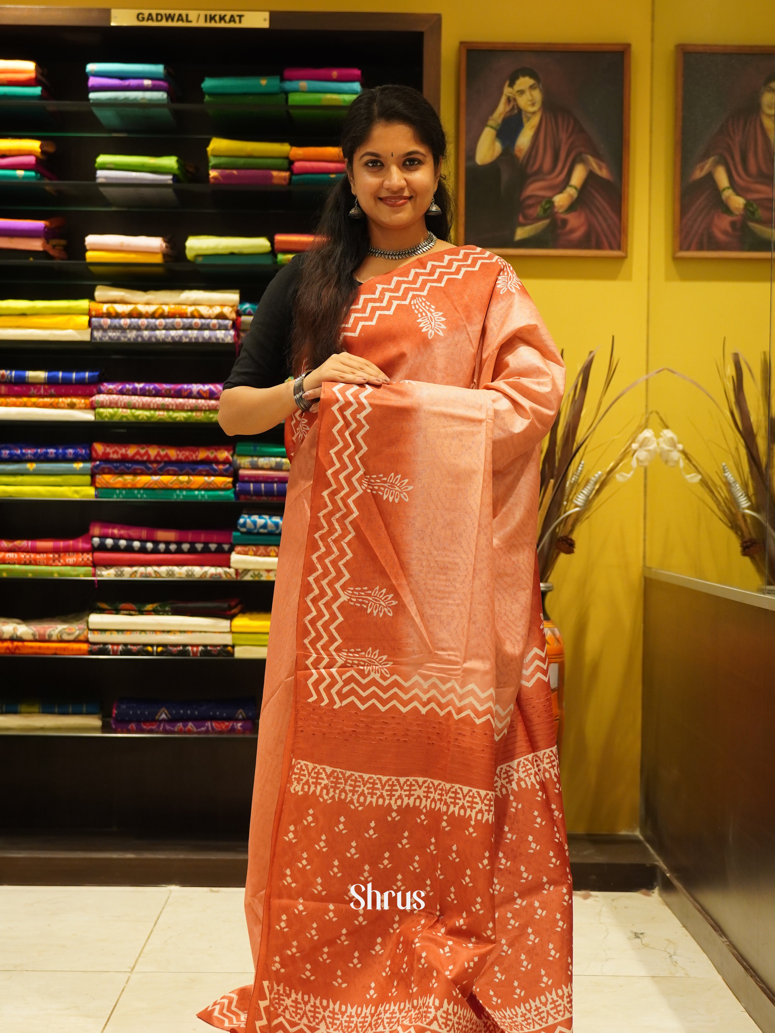 Peach & Red - Semi tussar Saree - Shop on ShrusEternity.com