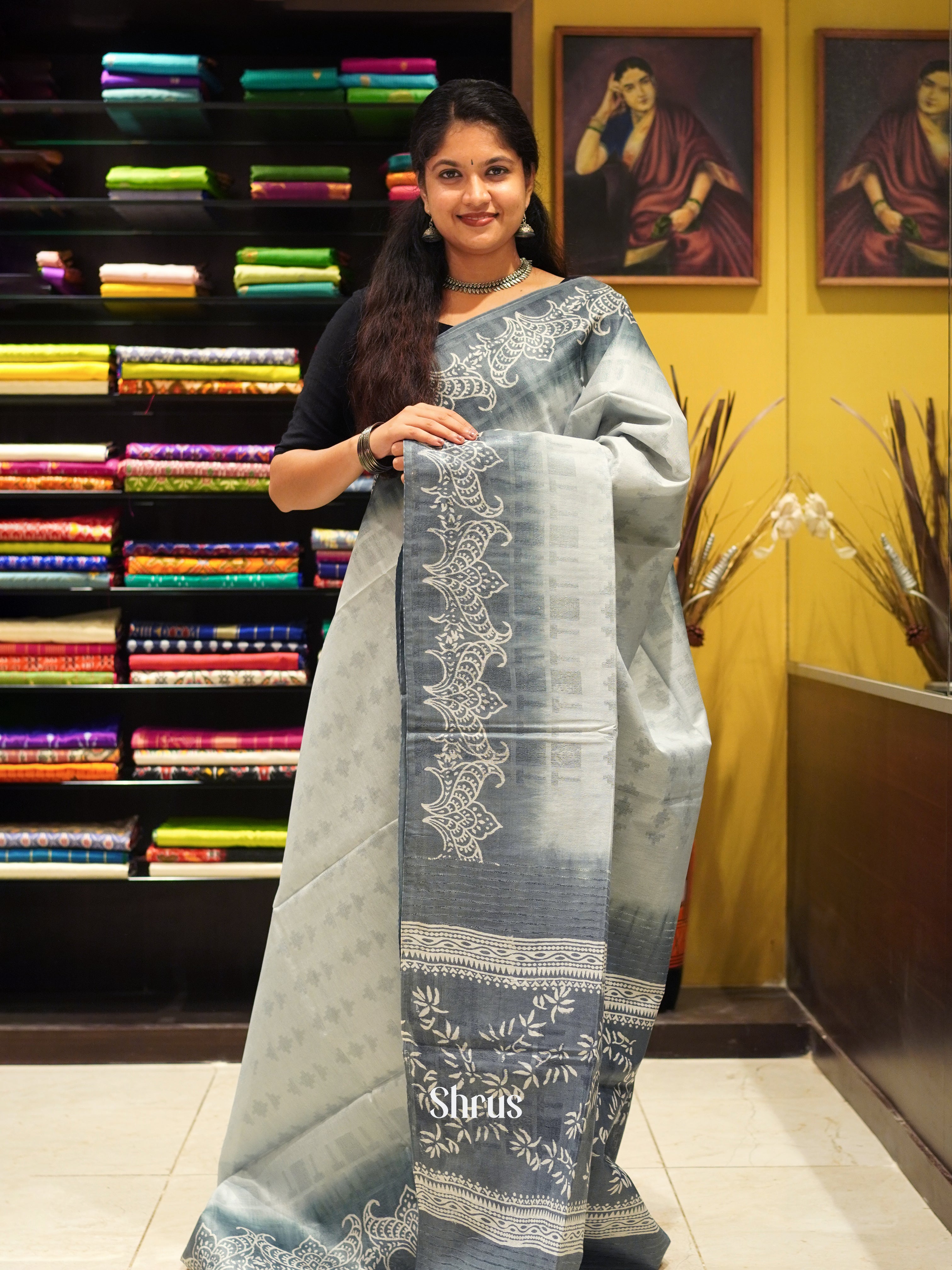 Grey - Semi Tussar Saree - Shop on ShrusEternity.com