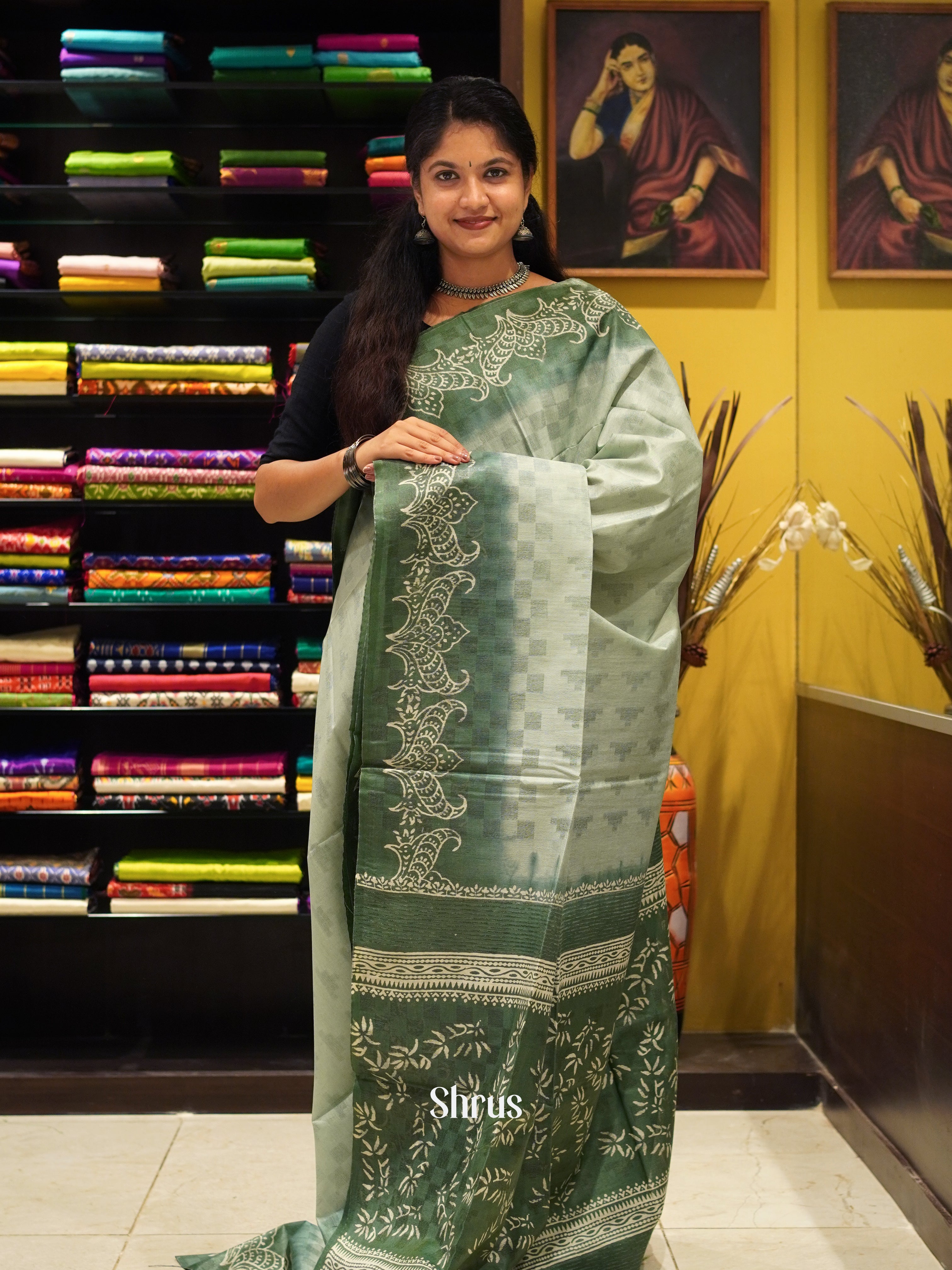Grey & Green - Semi Tussar Saree - Shop on ShrusEternity.com