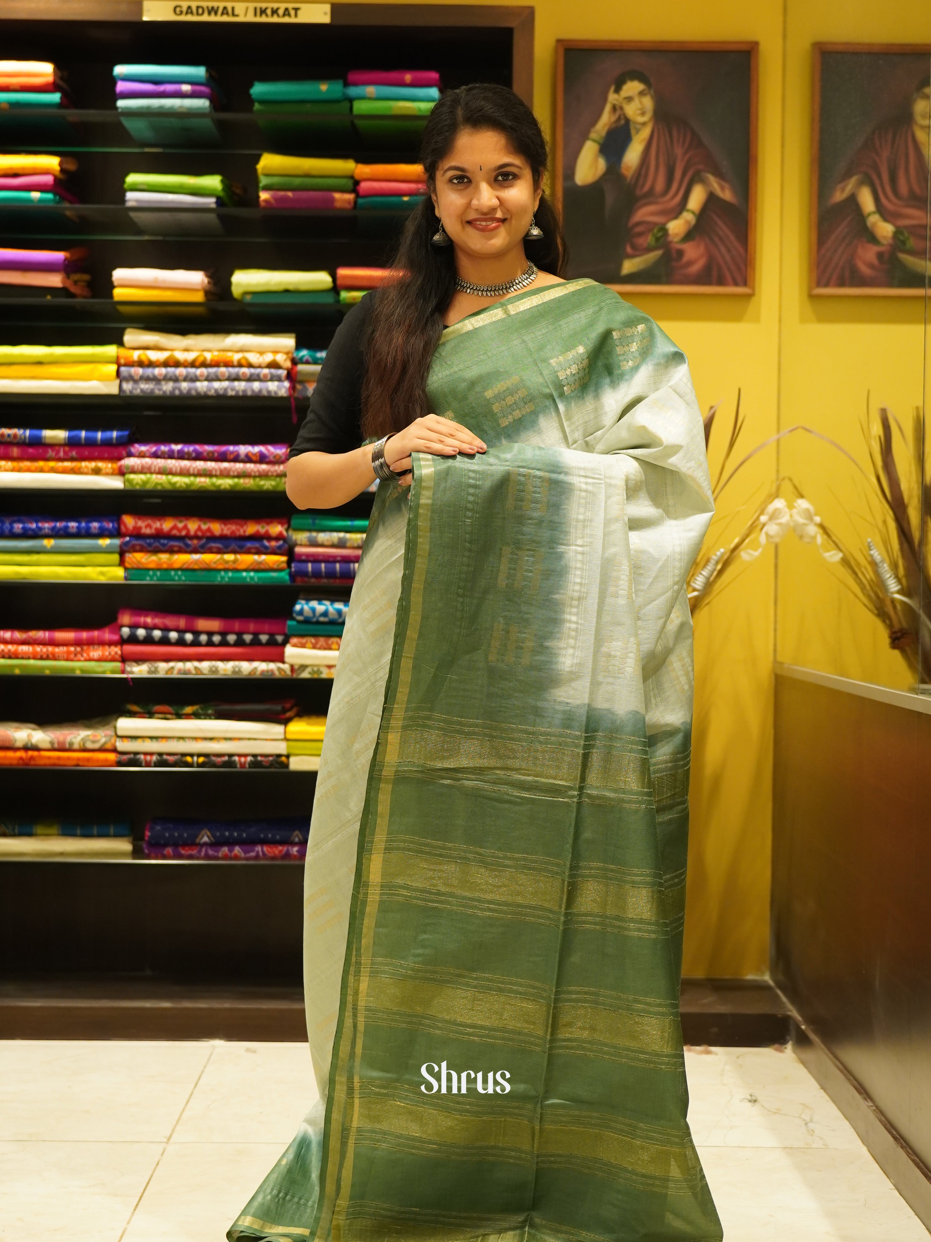 Light Grey & Green - Semi Tussar Saree - Shop on ShrusEternity.com
