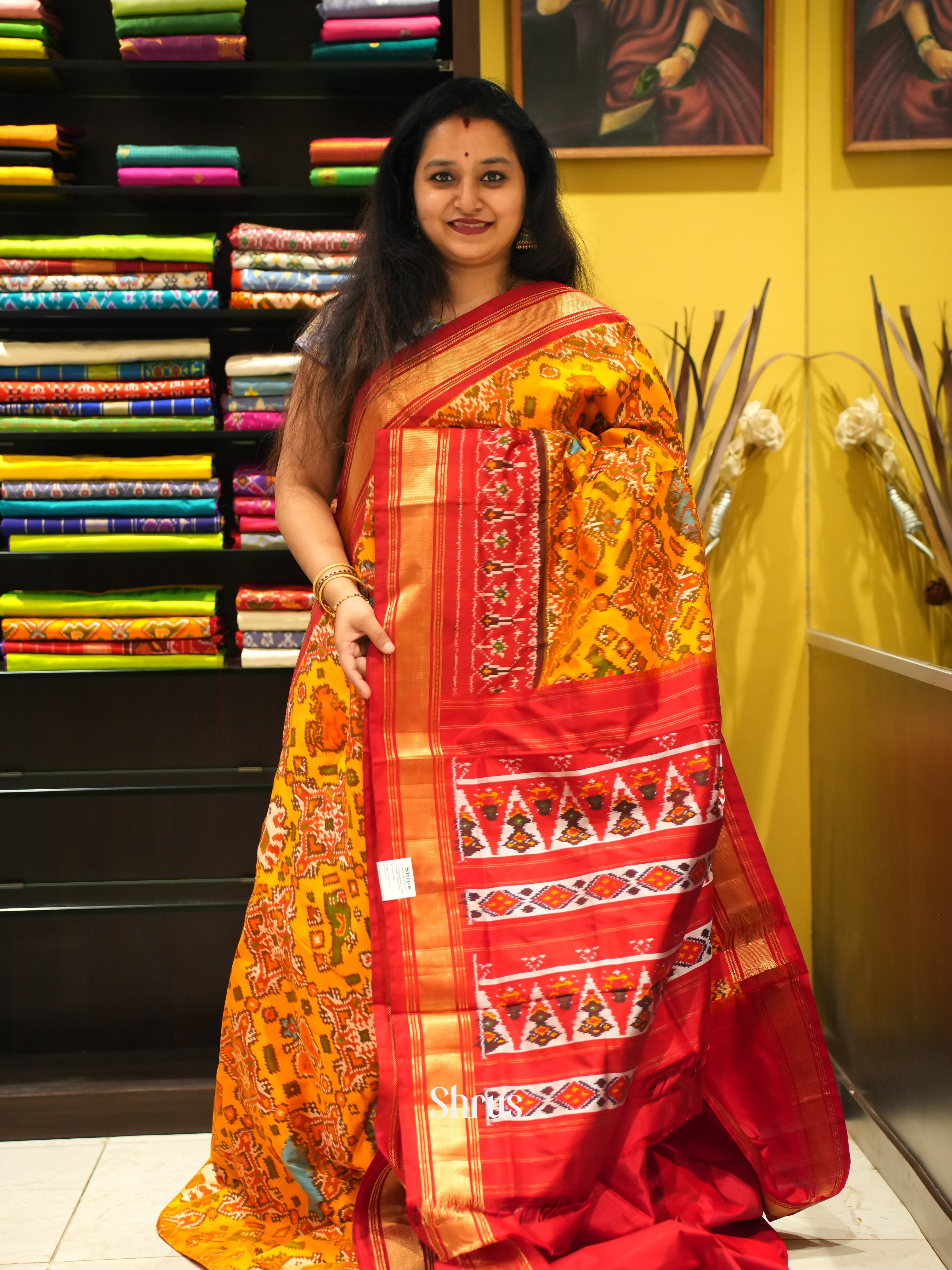 Mustard & Red - Ikkat Silk Saree - Shop on ShrusEternity.com