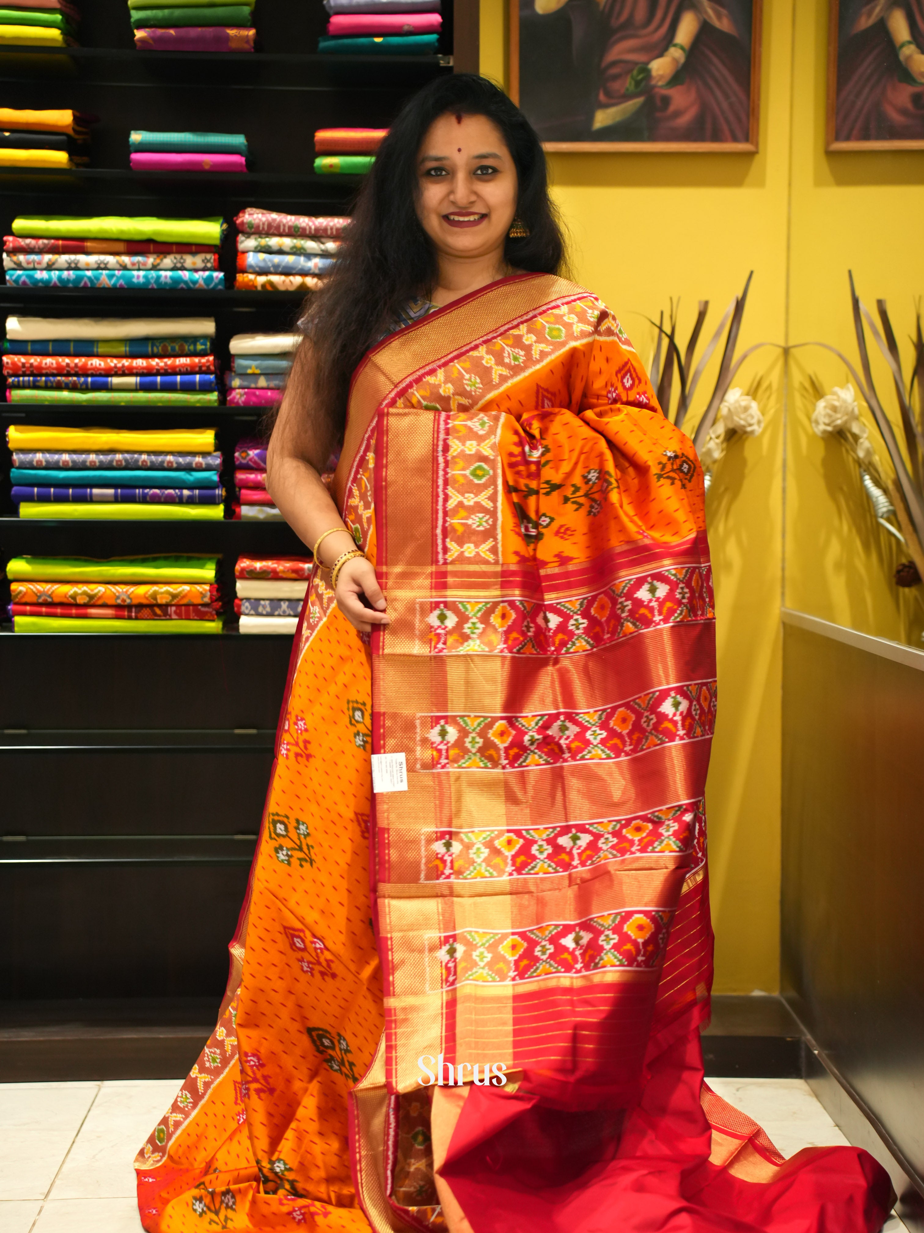 Orange & Red - Ikkat Silk Saree - Shop on ShrusEternity.com